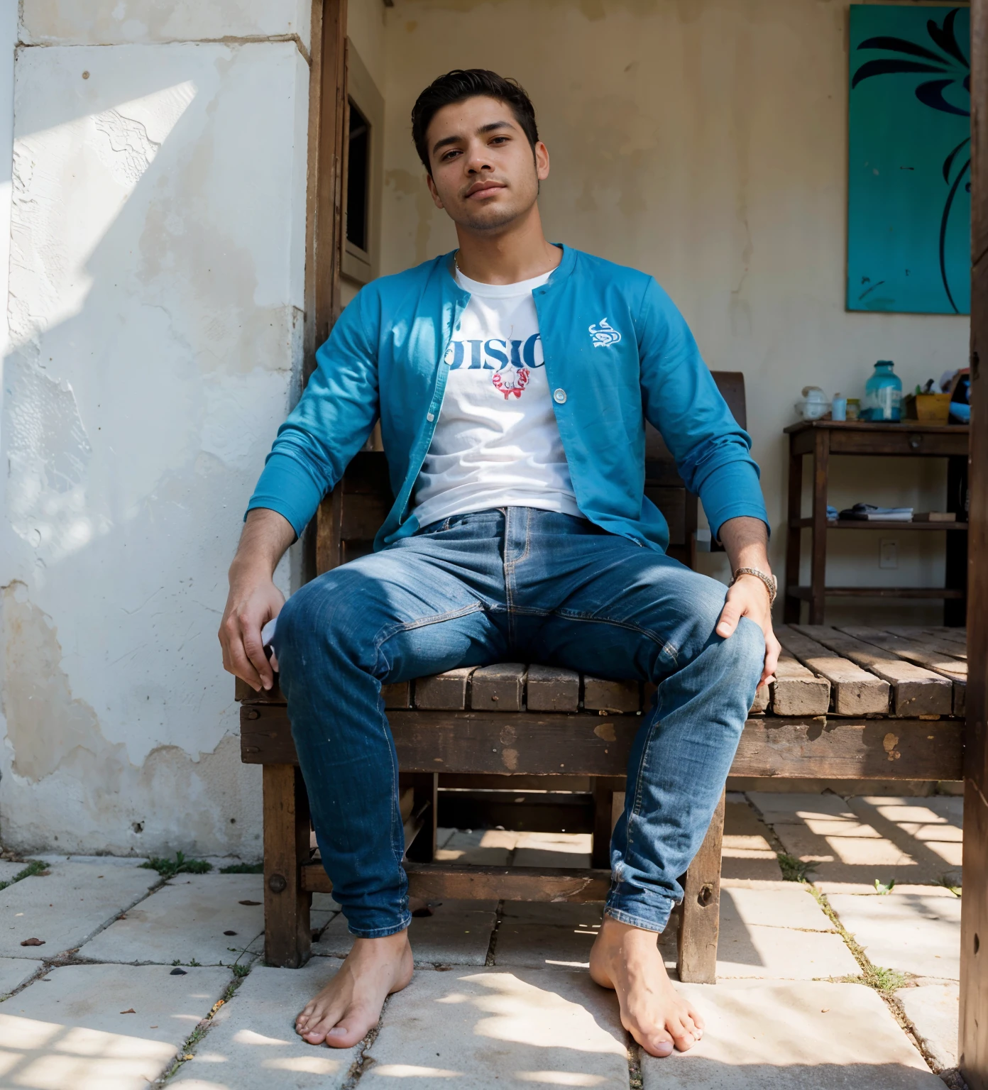 roupa de trabalho, homem sitting with legs wide open,illustration,highly detailed background,hispanic,dressed casually,relaxed pose,seen from a low angle, vibrant colors,warm lighting.. fundo casa com piscina , fundo piscina , fundo azul, sol, pele negra