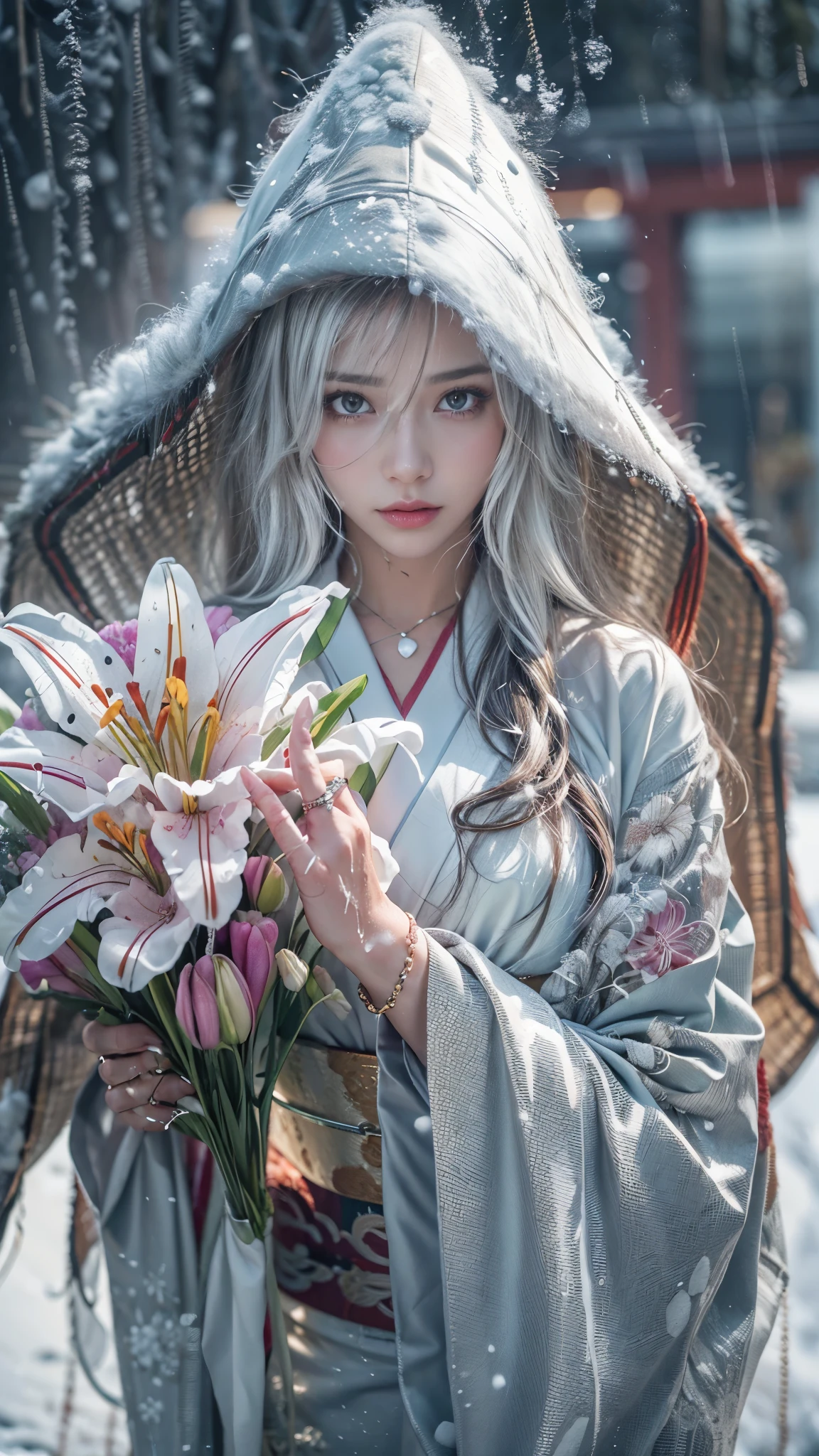 (RAW shooting, Photoreal:1.5, 8K, highest quality, masterpiece, ultra high resolution), ((((heavy snow, Blizzard)))), Highly detailed skin and facial textures:1.3, perfect dynamic composition:1.2, (In front of a shrine at night in a modern city, expression of sadness:0.9, Tears are flowing:0.9, cry with a broken heart:0.9), Slim office lady wet in the rain:1.3, cowboy shot, Fair skin:1.2, sexy beauty:1.1, perfect style:1.2, beautiful and aesthetic:1.1, very beautiful face:1.2, water droplets on the skin, (rain drips all over my body:1.2, wet body:1.2, wet hair:1.3), (Professional kimono dressing:1.1, Holding a bouquet of wet lilies:1.2, Wearing a wet silver kimono correctly:1.3), (Medium chest, Bra is transparent, Chest gap), (Eyes that feel beautiful eros:0.9, Too erotic:0.9, Bewitching:0.9), necklace, earrings, bracelet, wedding ring, Highly detailed hand and finger expressions
