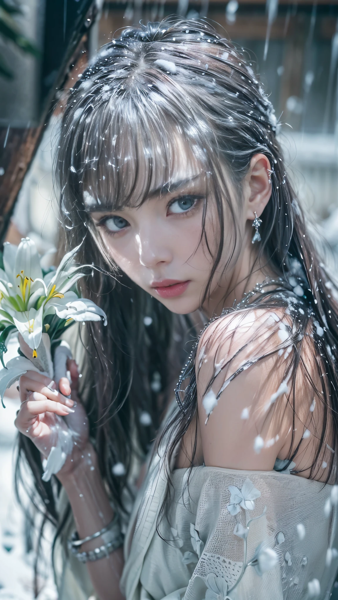 (RAW shooting, Photoreal:1.5, 8K, highest quality, masterpiece, ultra high resolution), ((((heavy snow, Blizzard)))), Highly detailed skin and facial textures:1.3, perfect dynamic composition:1.2, (In front of a shrine at night in a modern city, expression of sadness:0.9, Tears are flowing:0.9, cry with a broken heart:0.9), Slim office lady wet in the rain:1.3, cowboy shot, Fair skin:1.2, sexy beauty:1.1, perfect style:1.2, beautiful and aesthetic:1.1, very beautiful face:1.2, water droplets on the skin, (rain drips all over my body:1.2, wet body:1.2, wet hair:1.3), (Professional kimono dressing:1.1, Holding a bouquet of wet lilies:1.2, Wearing a wet silver kimono correctly:1.3), (Medium chest, Bra is transparent, Chest gap),  (Eyes that feel beautiful eros:0.9, Too erotic:0.9, Bewitching:0.9), necklace, earrings, bracelet, wedding ring, Highly detailed hand and finger expressions