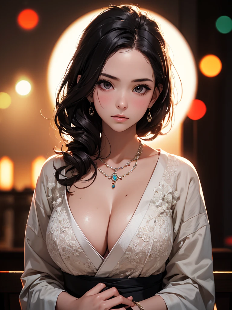 best quality, masterpiece, High resolution, a girl, Japanese wedding, necklace, jewelry, pretty face, big breasts, more than_Body, Tyndall effect, lifelike, dark studio, edge lighting, two-tone lighting, (HD skin: 1.2), 8K Ultra HD, SLR camera, soft light, high quality, Volumetric lighting, frank, photography, High resolution, 4K, 8K, Bokeh,