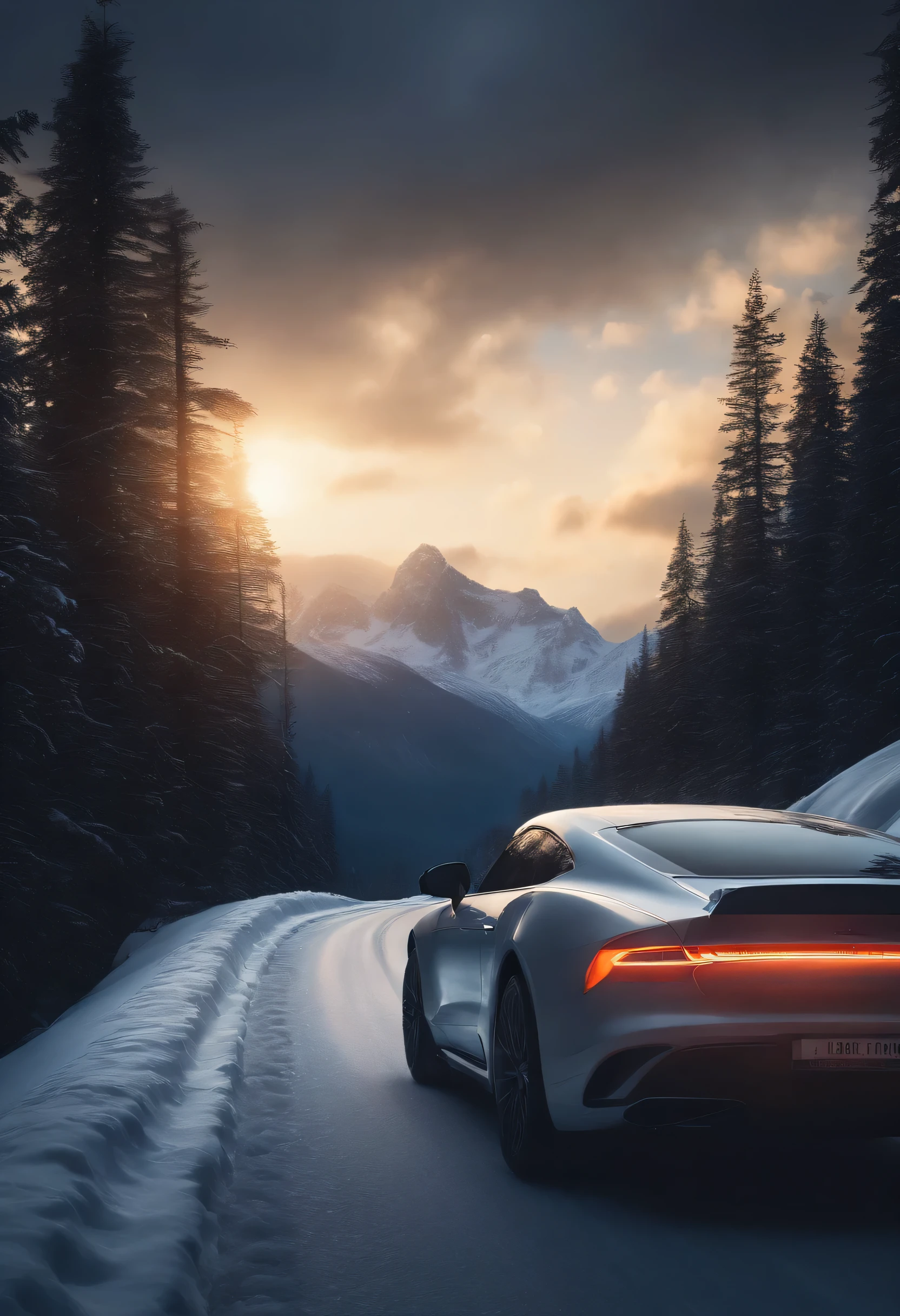 A car approached, Sunset and snow-capped mountains in the distance, Light up cars and roads, Snow, Intricate details, Realistic, Ultra-realistic, Masterpieces, Best quality, offcial art, The light from the back window is backlighted, White clouds, The light from the back window is backlighted, Extremely detailed CG unified 8K wallpaper, and forests.