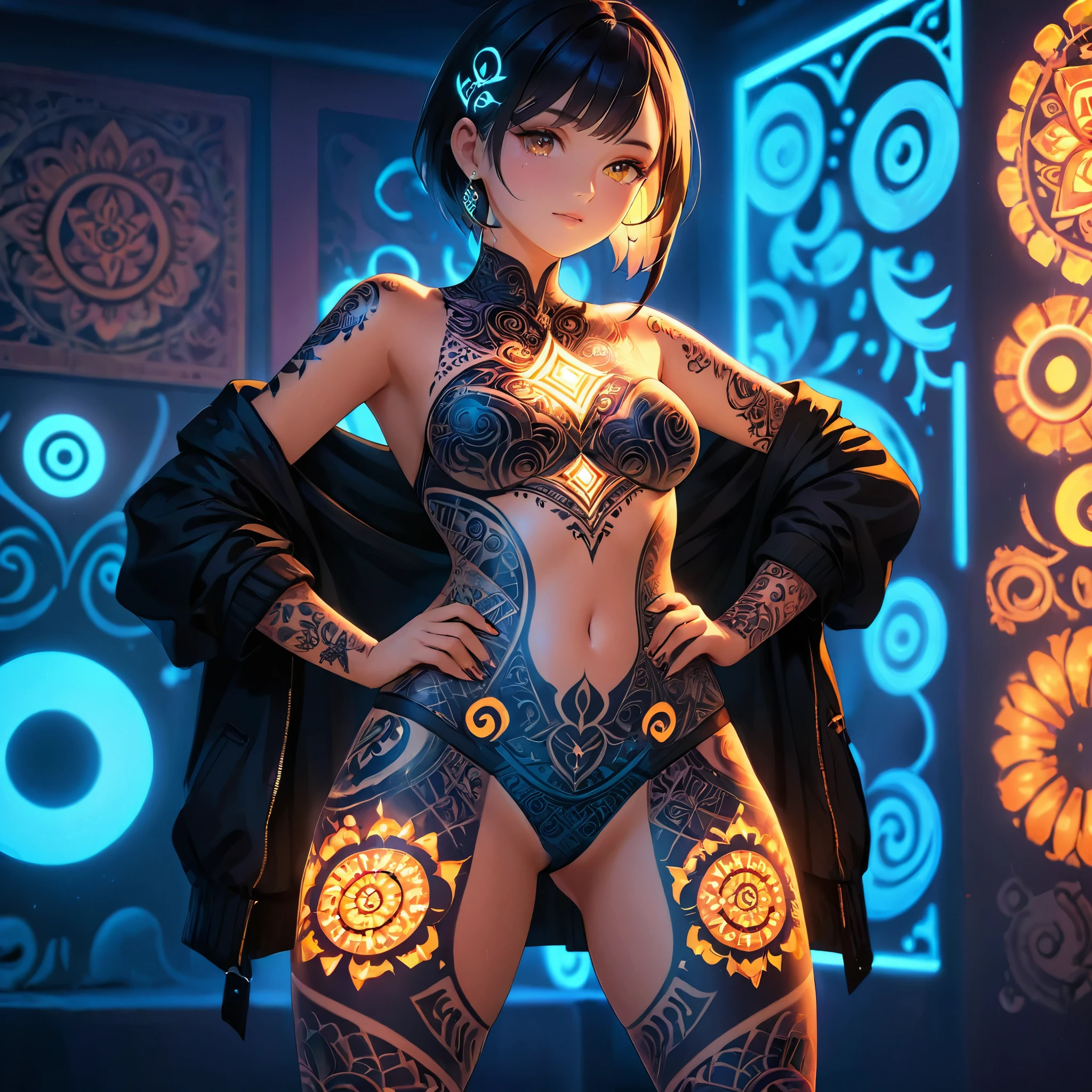 a girl with a tattoo covering her entire body, intricate patterns and designs, various symbols and motifs, different colors blending seamlessly, lighting effects highlighting details, thick, with glowing energy emanating from the tattoos, glowing tattoos, wearing exposed clothes 