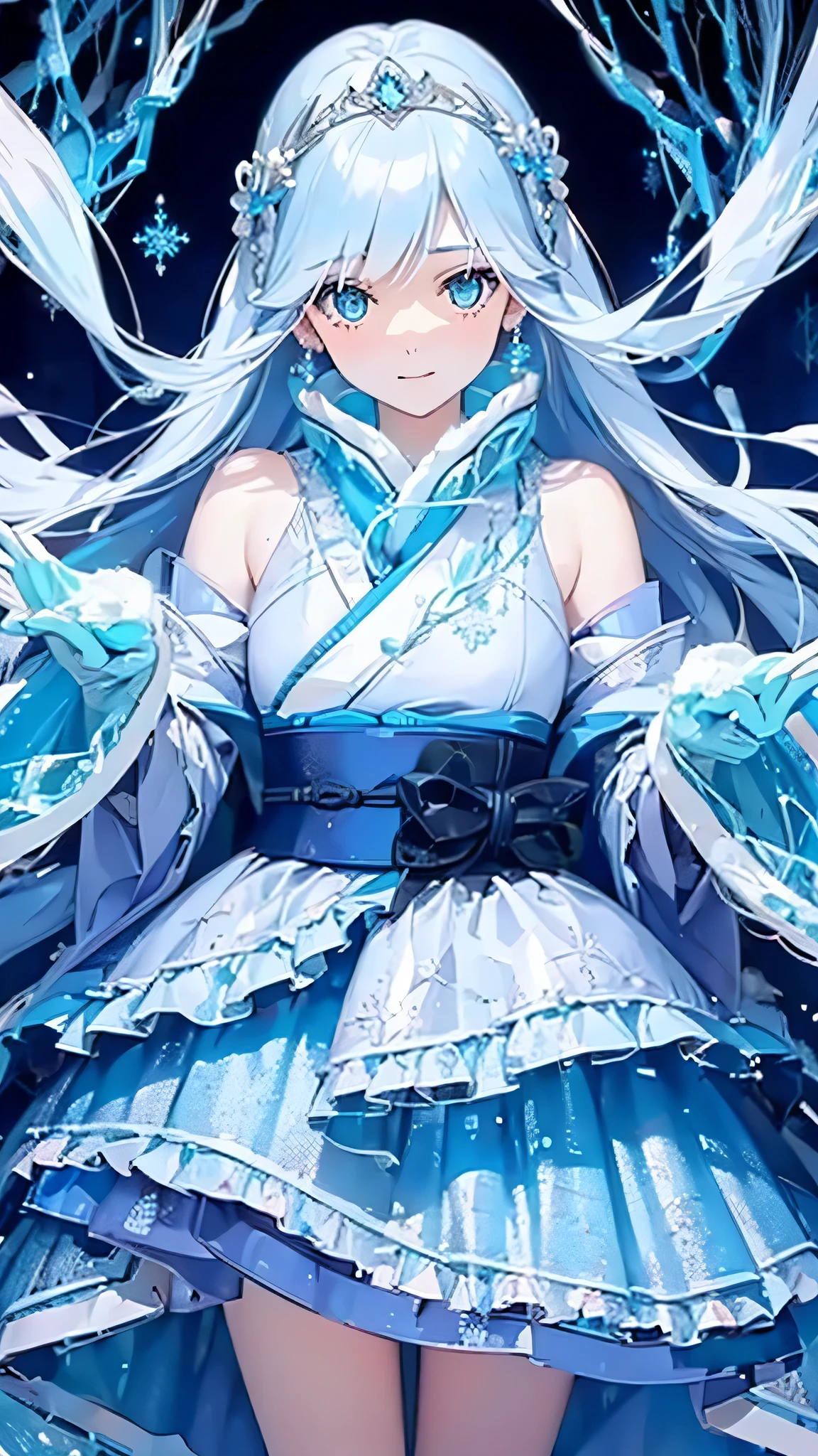 　Craft an (((8K))), (((ultra-detailed))) anime-style (((masterpiece))) featuring the princess of an ice kingdom, a beautiful girl with the magical ability to control ice and snow. Hailing from a distant northern realm, she has striking aqua blue long hair that flows like the very glaciers she commands. Despite her kingdom's frigid exterior and her cool, commanding presence, she possesses a warm heart, caring deeply for her people and the lands she protects.Her attire is a magnificent ice-themed kimono, intricate patterns of frost and snowflakes woven into the fabric, shimmering with a crystalline glow that reflects her royal status and her elemental powers. The setting around her is a breathtaking landscape of her ice kingdom, with elegant ice sculptures and snow-covered spires that rise majestically under the aurora-filled sky.The contrast between her cold, majestic environment and the gentle warmth in her eyes highlights her complex nature. Her regal posture and the magical aura surrounding her hands, as she gently manipulates a swirl of snowflakes, are captured in stunning detail, embodying her role as both a ruler of the ice and a guardian with a tender heart.