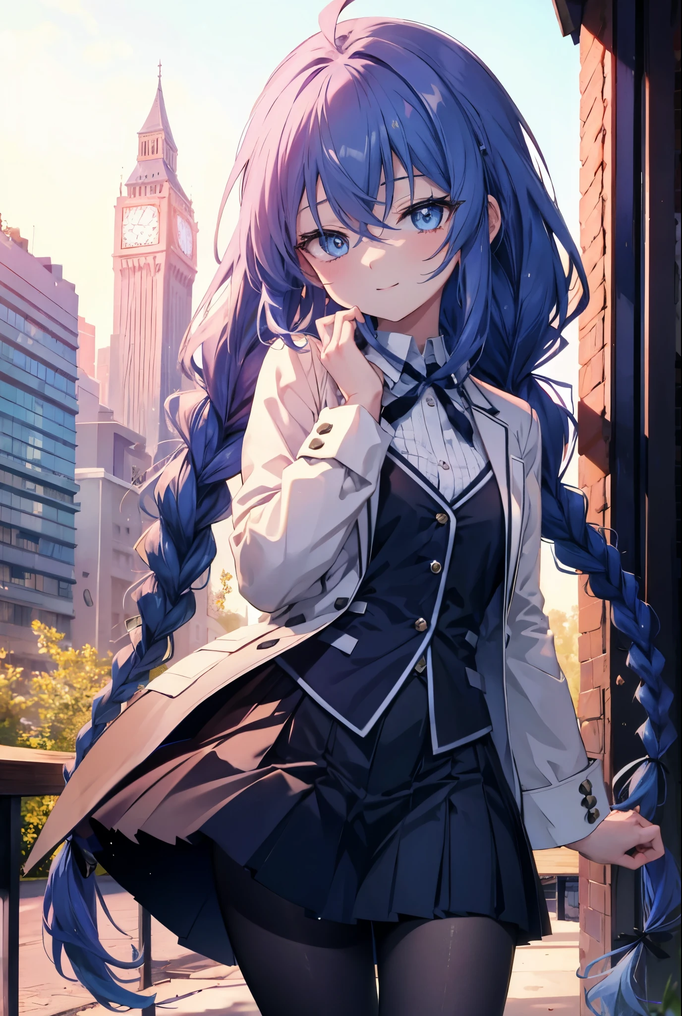 (masterpiece,intricate details),1 girl,mature woman,light _face, BREAK Roxymigurdia, Roxy, Ahoge, black ribbon, blue eyes, blue hair, Braid, hair between eyes, hair ribbon, long hair, twin Braids, very long hair,happy smile, smile, open your mouth, Destroy White Y-Shirt,Blue Blazer,Blue pleated skirt,Gray pantyhose,White Loafers,
壊す looking at viewer,
break outdoors, In town,Destroy a city of buildings (masterpiece:1.2), highest quality, High resolution, unity 8k wallpaper, (figure:0.8), (detailed and beautiful eyes:1.6), 非常に詳細なface, perfect lighting, Very detailed CG, (perfect hands, perfect anatomy),