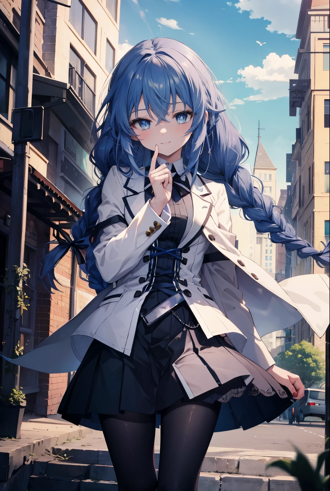 (masterpiece,intricate details),1 girl,mature woman,light _face, BREAK Roxymigurdia, Roxy, Ahoge, black ribbon, blue eyes, blue hair, Braid, hair between eyes, hair ribbon, long hair, twin Braids, very long hair,happy smile, smile, open your mouth, Destroy White Y-Shirt,Blue Blazer,Blue pleated skirt,Gray pantyhose,White Loafers,
壊す looking at viewer,
break outdoors, In town,Destroy a city of buildings (masterpiece:1.2), highest quality, High resolution, unity 8k wallpaper, (figure:0.8), (detailed and beautiful eyes:1.6), 非常に詳細なface, perfect lighting, Very detailed CG, (perfect hands, perfect anatomy),