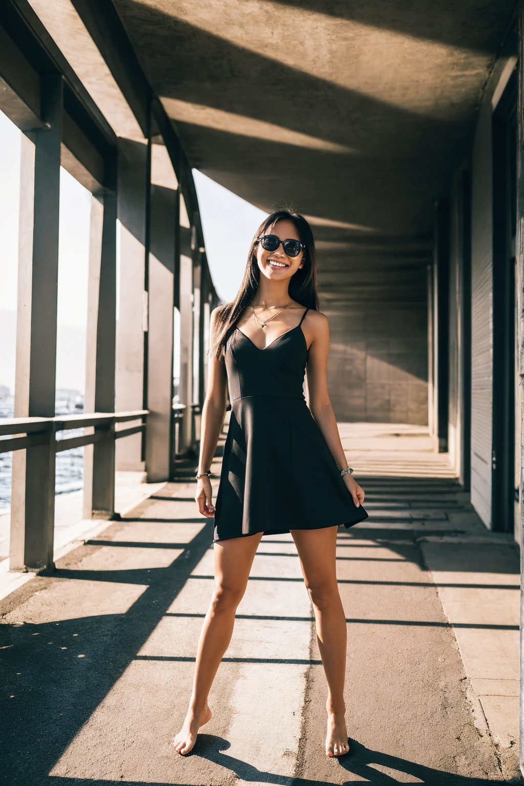 masterpiece,highest quality,official art,Highly detailed CG Unity 8K wallpaper,one cute tanned girl,black dress,One piece has no sleeves,Flat chest,toned body,barefoot,私inside the city,ponytail,blonde,wearing sunglasses,smile,smiling face,face is turning red,Empty-handed,the sun's light is shining,light is reflected on the skin,standing at a crosswalk,((Ultra Wide Angle Photography)),((straighten your legs)),The entire body fits compactly in the center,full body,Many people々