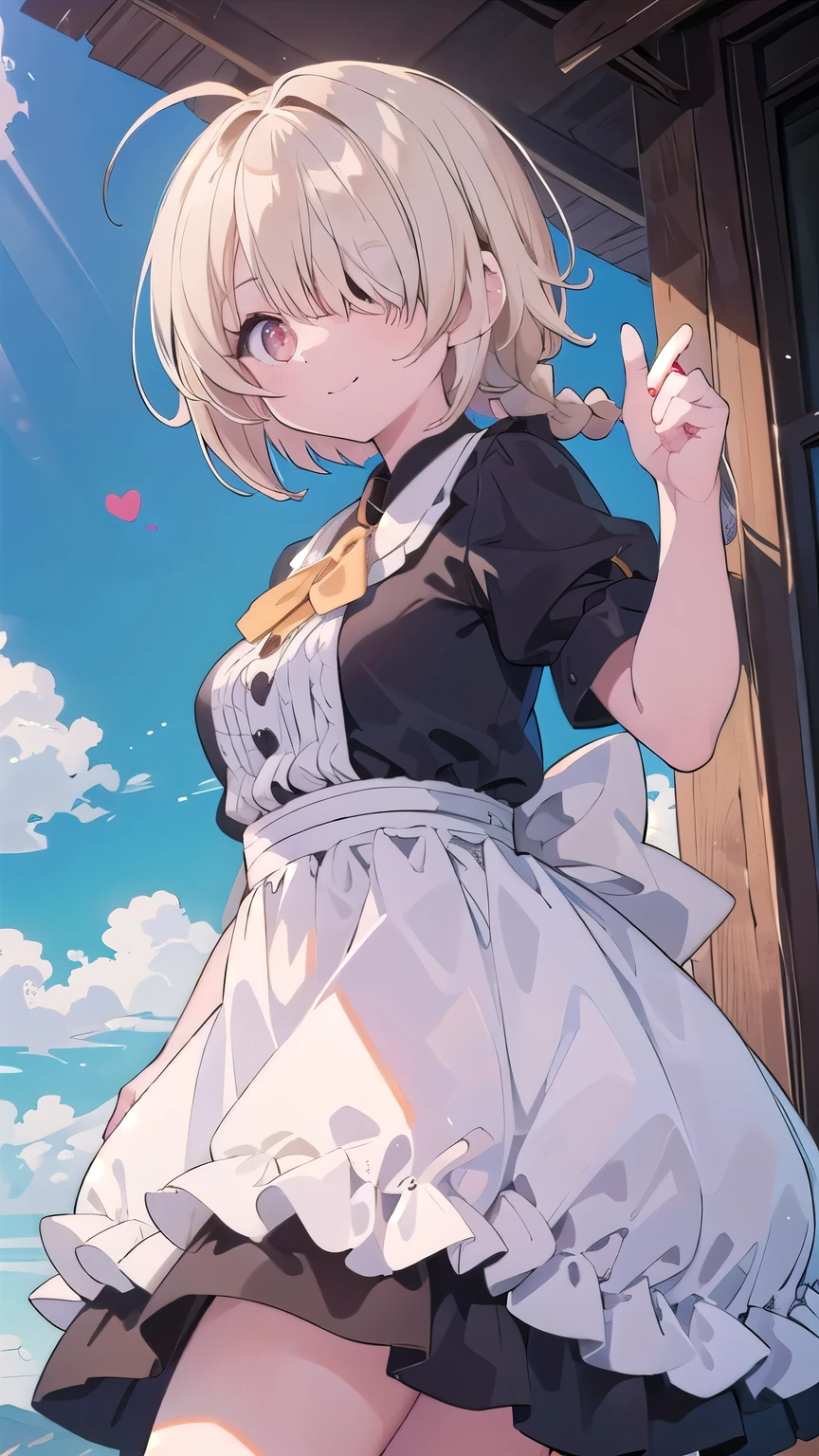 (masterpiece:1.2), (highest quality:1.2), perfect eyes, perfect face, perfect lighting, sunlight, outdoor, desert, 1 boy,blonde red eye, ((((((hair over one eye)))))), Braid Styles, spiked hair, blunt bangs, bob hair, single braid, a braid, Ahoge, cute eyes, ruffle dress, cute eyes, closed mouth, ((from below)), From the side, ((smile)), spoken heart, big breasts, wariza