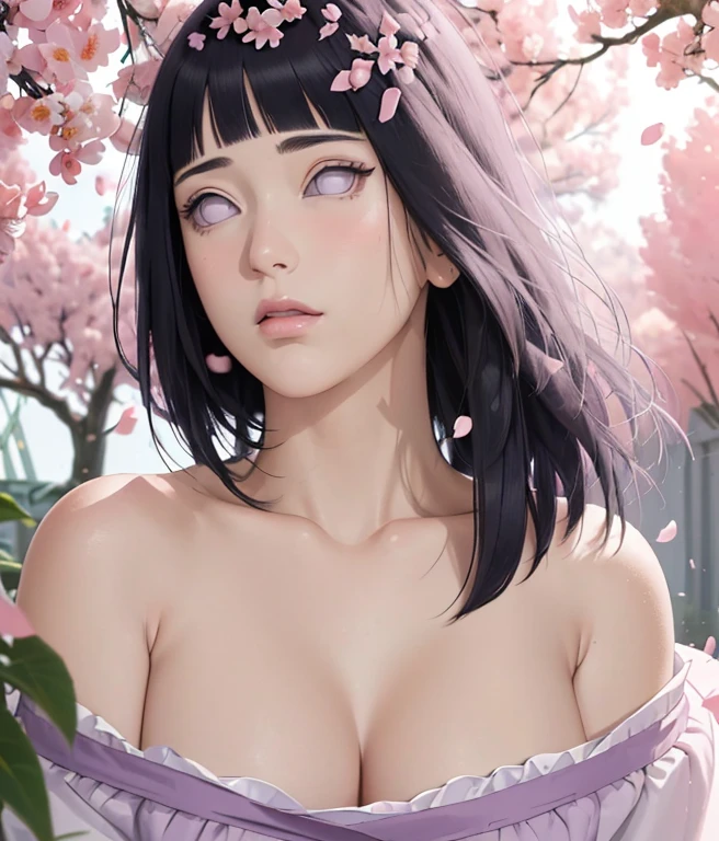 masterpiece, absurdres, hinata\(boruto\), 1girl, solo,mature female, off-shoulder oversized shirt, looking at viewer, (falling petals), perfect composition, detailed lips, beautiful face, body propotion, blush, (pink lips), long hair, purple eyes, soft gaze, super realistic, detailed, photoshoot, realistic face and body, side view