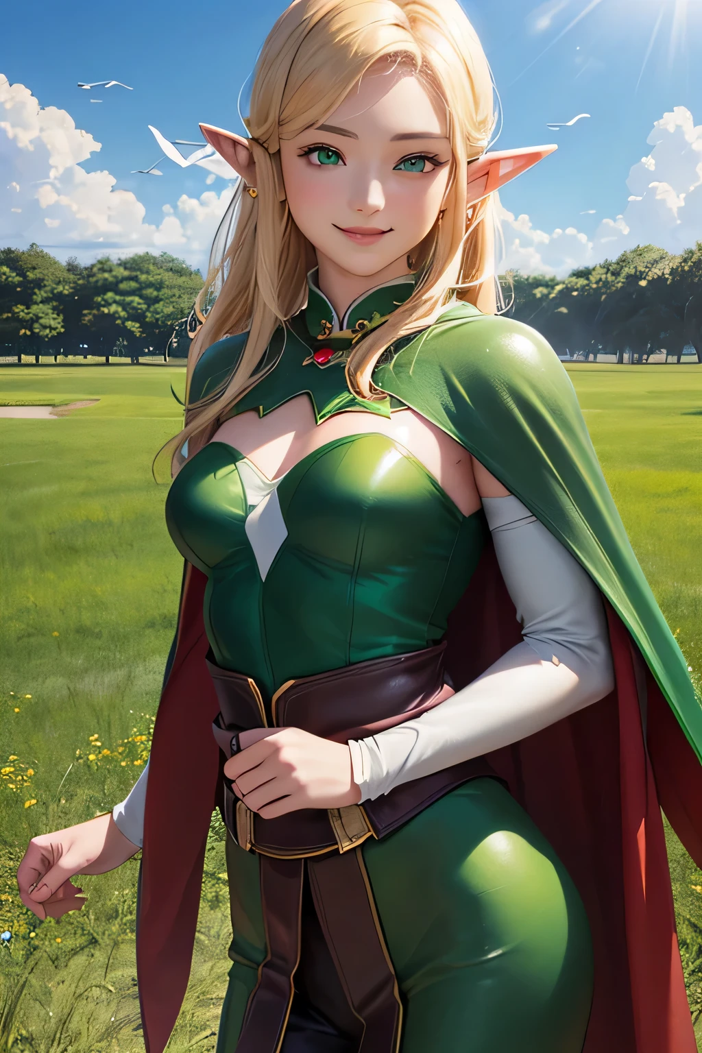 ((Highest quality)),(Ultra high resolution),(super detailed),(detailed description),((best CG)),(best artwork),super precision art,amazing drawing art,(Art Precisely detailed costume:1.5), (elf:1.6),Finely detailed leather armor:1.7,((wears a green cape:1.5)), elaborately crafted diadem:1.8, (blond hair), She stands on the edge of I laugh in a field, looking at you and smiling.。The soft sunlight surrounds you。I can see the little birds flying energetically. (Detailed beautiful colorful birds flying around you), (wearing leather clothes), not showing your body, use a leather armor, small breasts, no cleavage