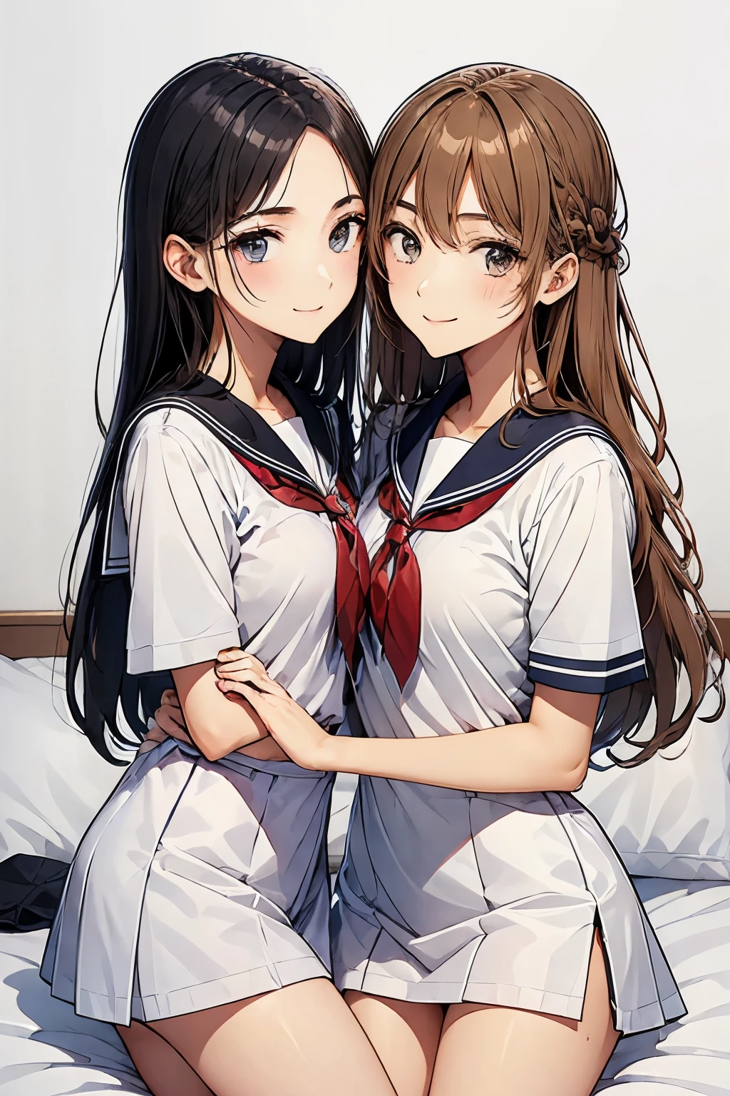 Two high school girls kissing、seductive smile、Bed in the school nurse&#39;s room