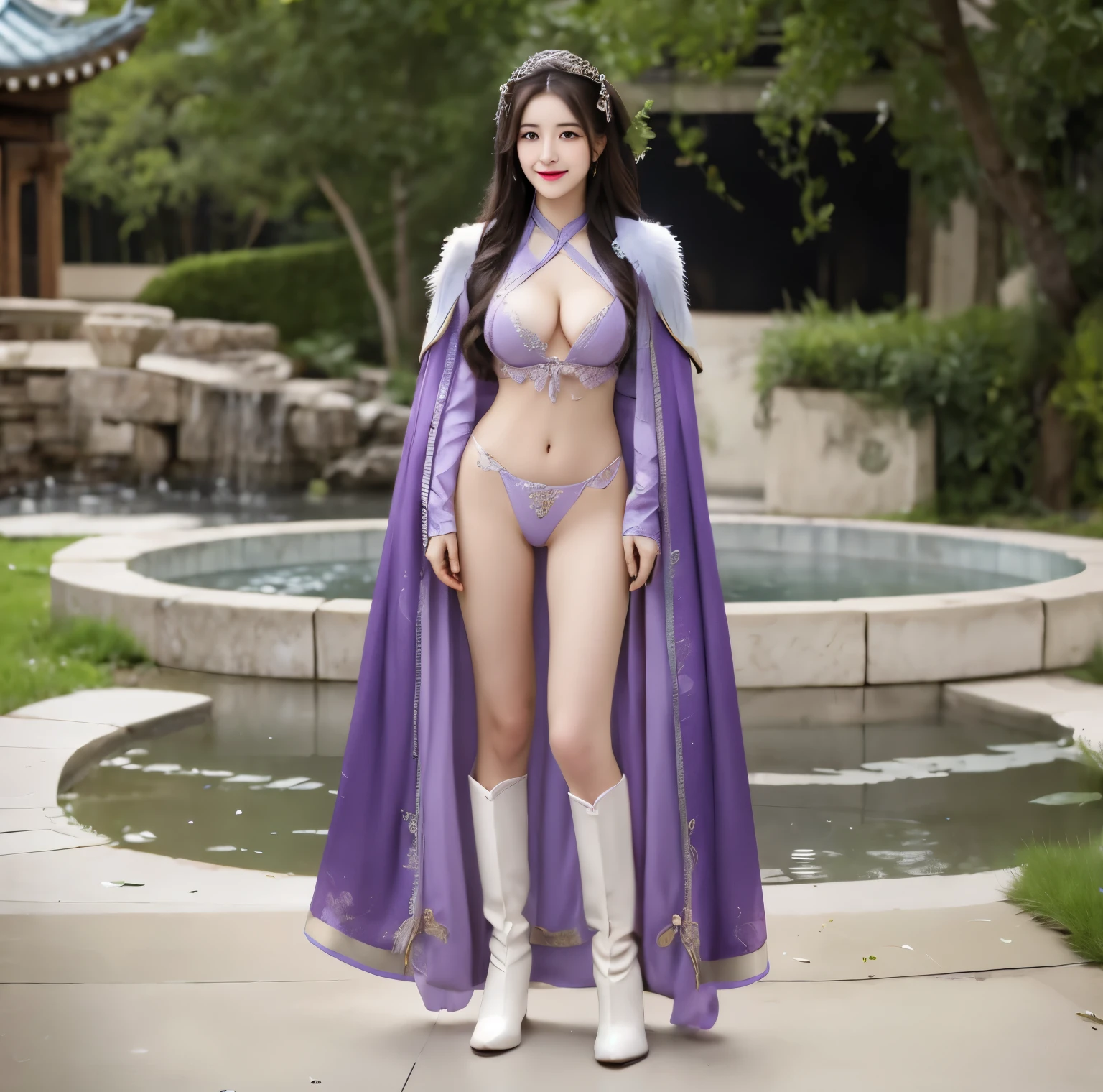 美麗的fantasy皇后, anime goddess, full body xianxia, ((美麗的fantasy皇后)), sweet smile，Sexy red bikini underwear，high-cut underwear，Long-legged girl，put on boots，White boots，huge breasts，Put on your hat, fantasy服装, Sha Xi, ((美麗的fantasy皇后)), Put on the priest&#39;s cloak, full body purple cloak, 穿着fantasy服装, Anime girls cosplay look at the audience，facing the audience，Put your hands beside you,flowing long hair，Surreal 8000g，Impeccable，masterpiece，professional artwork，famous artwork，Light，movie bloom，perfect face，pretty face，fantasy，Dreamy and magical，not real，intricate details，Exquisite pattern