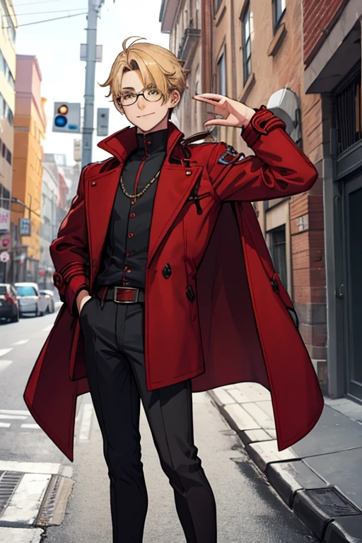 male, blonde short hair, blue eyes, (((1boy))), (((red gothic coat with yellow trim))), (black shirt), (grey pants), (black knee high boots), (glasses), long legs, smiling