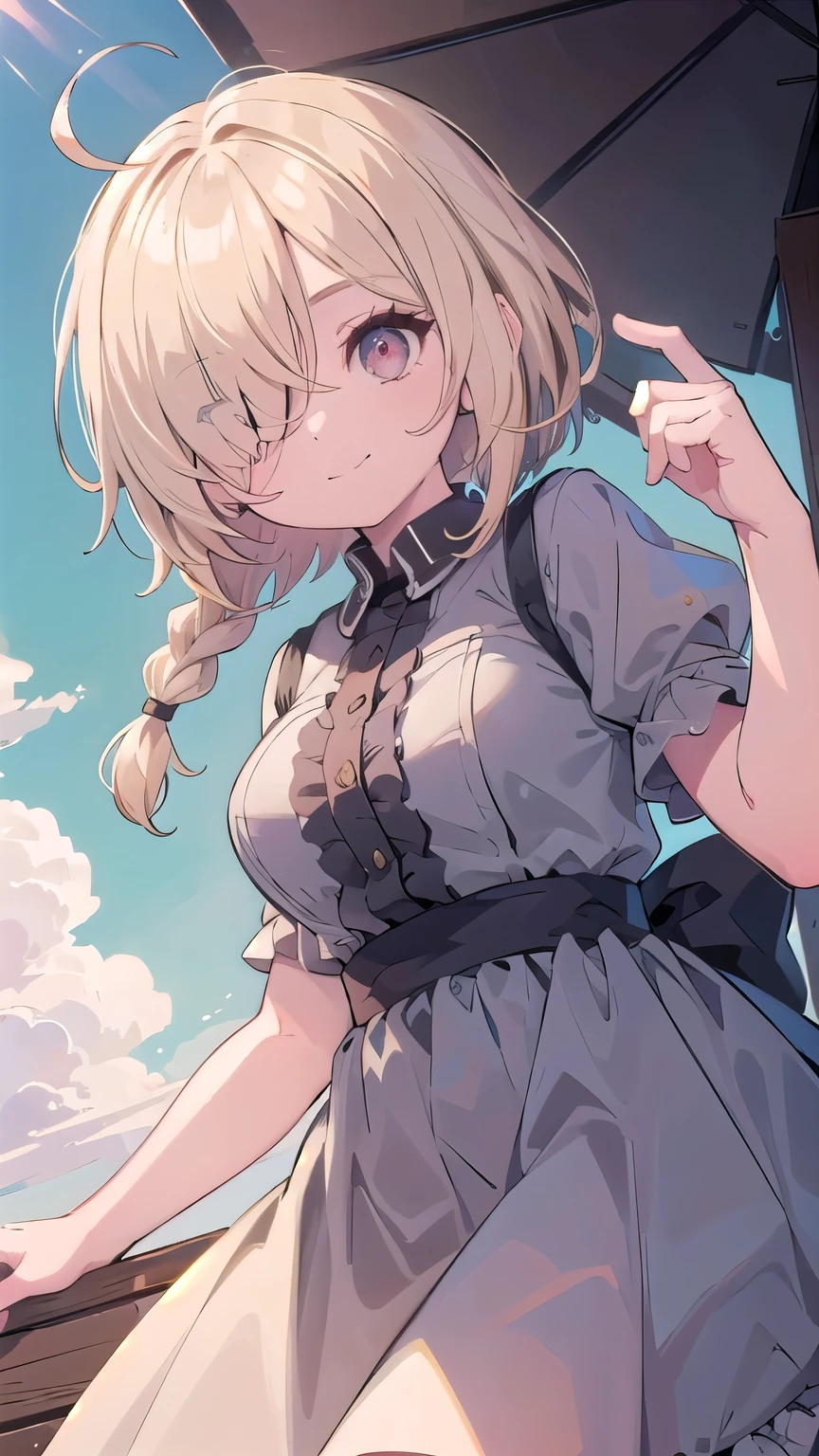 (masterpiece:1.2), (highest quality:1.2), perfect eyes, perfect face, perfect lighting, sunlight, outdoor, desert, 1 boy,blonde red eye, ((((((hair over one eye)))))), Braid Styles, spiked hair, blunt bangs, bob hair, single braid, a braid, Ahoge, cute eyes, ruffle dress, cute eyes, closed mouth, ((from below)), From the side, ((smile)), spoken heart, big breasts, wariza
