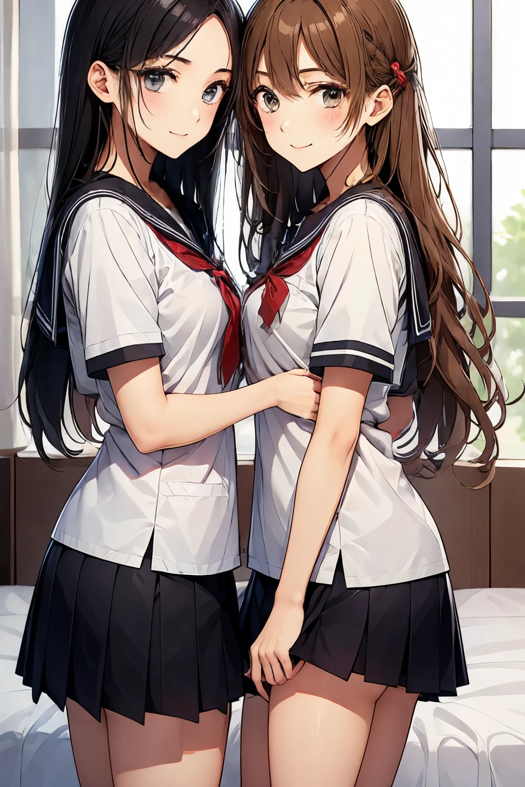 (Two beautiful young people, Perfect body, beautiful and plump breasts, classroom, high school girl, Sailor suit), (hug, Symmetric docking, Breast Press:1.4), Squashed chest, (eye contact, Look at other people:1.5), (Highest quality, 8K, High resolution, masterpiece:1.2), Super detailed, Realistic, photoRealistic, photo-Realistic:1.37, Portraiture, Soft and warm lighting