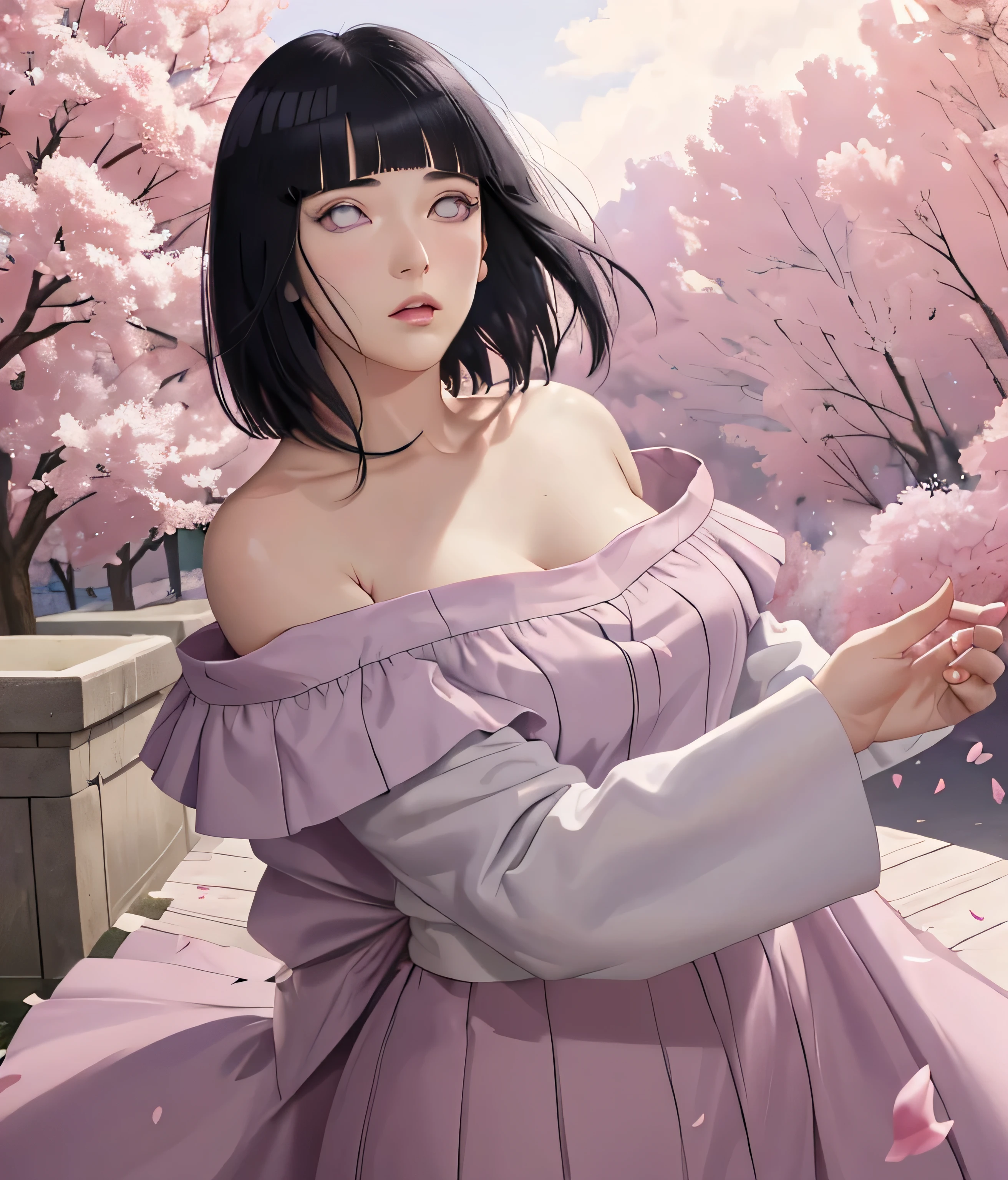 masterpiece, absurdres, hinata\(boruto\), 1girl, solo,mature female, off-shoulder oversized shirt, looking at viewer, (falling petals), perfect composition, detailed lips, beautiful face, body propotion, blush, (pink lips), long hair, purple eyes, soft gaze, super realistic, detailed, photoshoot, realistic face and body, side view