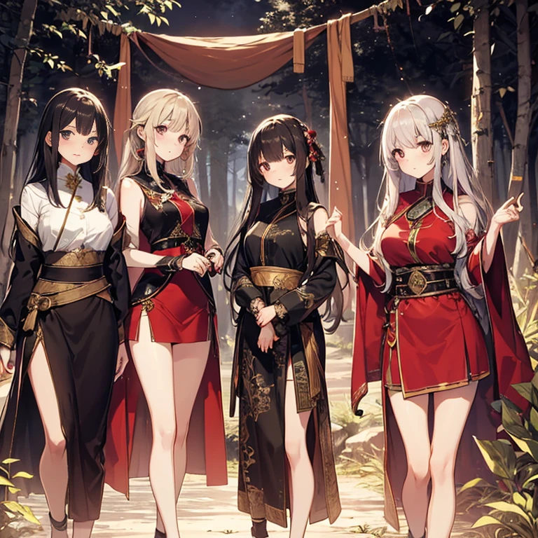 A group of priestess, (in forest), various hair styles, harem, wearing ceremonial clothes, night, details face, beautiful legs, sleeveless, seducing,
