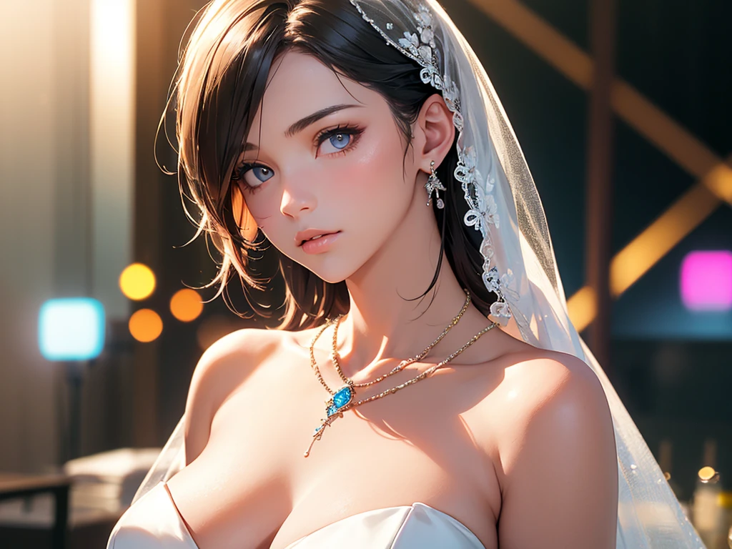 best quality, masterpiece, High resolution, a girl, gorgeous wedding dress, necklace, jewelry, pretty face, big breasts, more than_Body, Tyndall effect, lifelike, dark studio, edge lighting, two-tone lighting, (HD skin: 1.2), 8K Ultra HD, SLR camera, soft light, high quality, Volumetric lighting, frank, photography, High resolution, 4K, 8K, Bokeh,