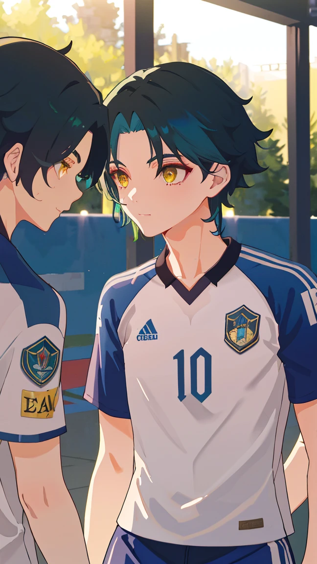 2 boys,dark green hair,highest quality,masterpiece,excessive,male focus,yellow eyes,beautiful eyes,beautiful boy,School,between men,Spouse,soccer club members,Blue soccer uniform,soccer,high school,soccer uniform,blue clothes,soccer court,teammate,same clothes,shoulder to shoulder,feminine,good friend,best image quality,