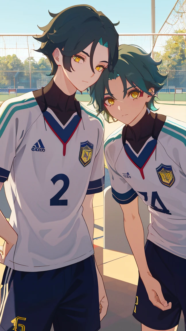 2 boys,dark green hair,highest quality,masterpiece,excessive,male focus,yellow eyes,beautiful eyes,beautiful boy,School,between men,Spouse,soccer club members,Blue soccer uniform,soccer,high school,soccer uniform,blue clothes,soccer court,teammate,same clothes,shoulder to shoulder,feminine,good friend,best image quality,