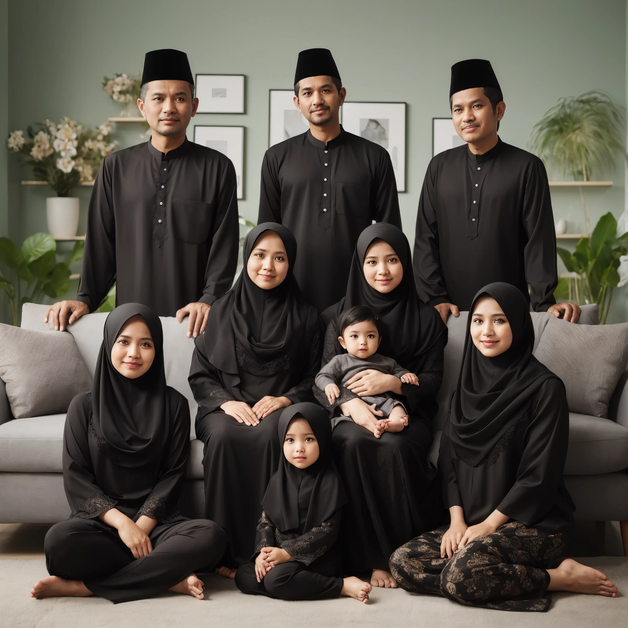 Family photo in Indonesia, nine members. Three men aged 50 and 35 standing, three women aged 50 and 30 sitting on the sofa, holding a 1--old ghter, and 2 daughters aged 10 and (wearing hijab) sitting cross-legged in front, all wearing matching black Malay-style Muslim clothes and sharia robes, the same and harmonious black color, long hijab, bright living room studio photo, white lighting, pose facing the camera all, green flower vase, SUPER DETAIL, realistic, ultra HD, 8K.