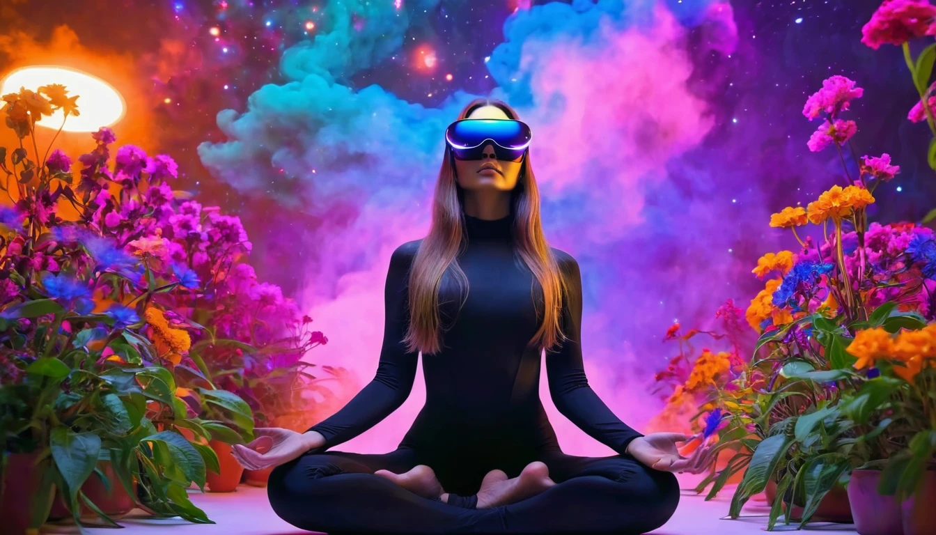 Beautiful woman with long hair,LED light,Future,black bodysuit,Zazen,meditation,Purple gas cloud,universe,Virtual Reality Sunglasses,Brightly colored plants,Red, orange, blue and purple flowers,Strange creatures,green,pink,yellow,