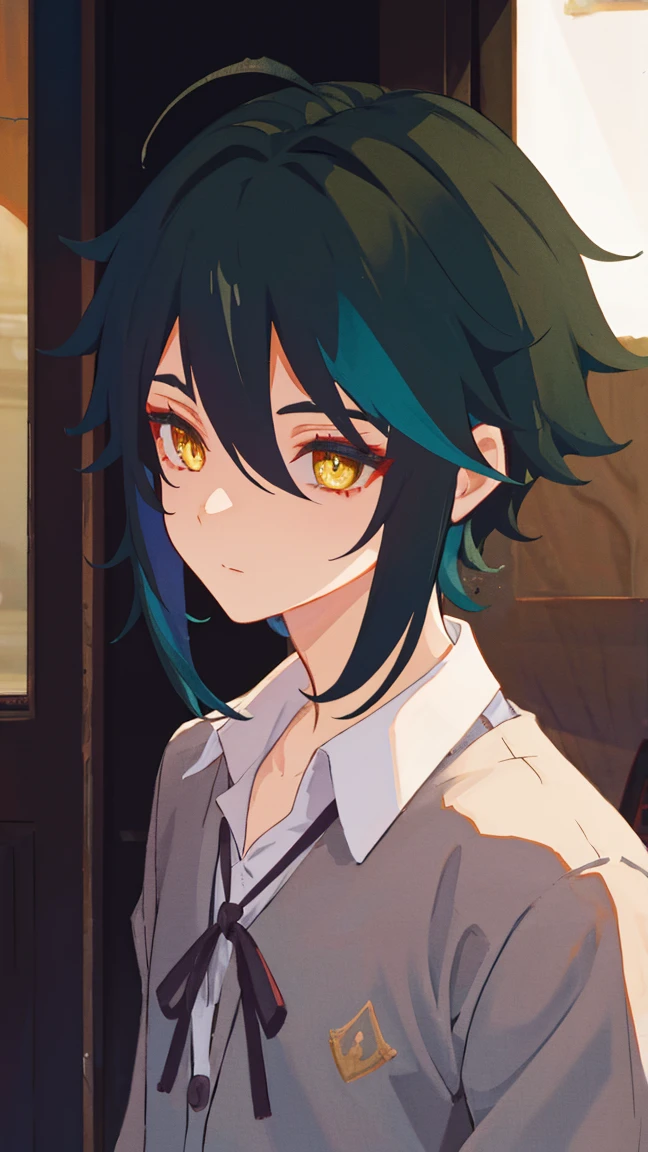 1 boy,dark green hair,highest quality,masterpiece,excessive,male focus,yellow eyes,beautiful eyes,beautiful boy,student,cutter shirt,cardigan,