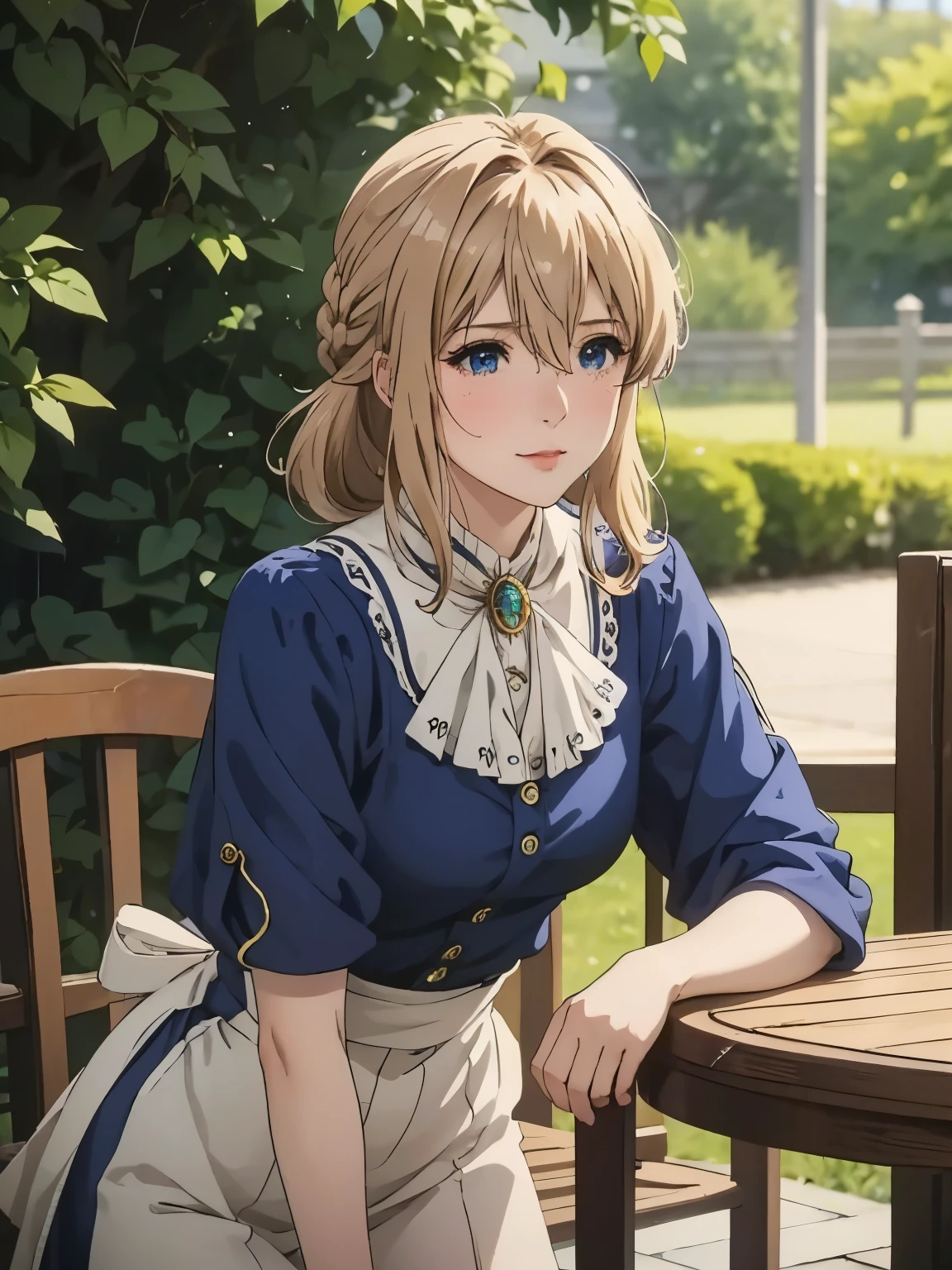 violet evergarden,table top, smile、whole body、standing、highest quality, 1 girl, alone, blonde hair, blue eyes, hair between eyes, looking at the viewer, ribbon, 赤いribbon, Braid, ヘアribbon, blue t-shirt, jewelry, bangs, outdoor, brooch, hair intake, anime coloring book, Ascot, blurry background, blurry, ホワイトAscot, wood, closed mouth, portrait, Day Grastry Detailed CG, ( perfect anatomy),Life、Highly detailed CG, ( perfect anatomy),Life感、cowboy shot