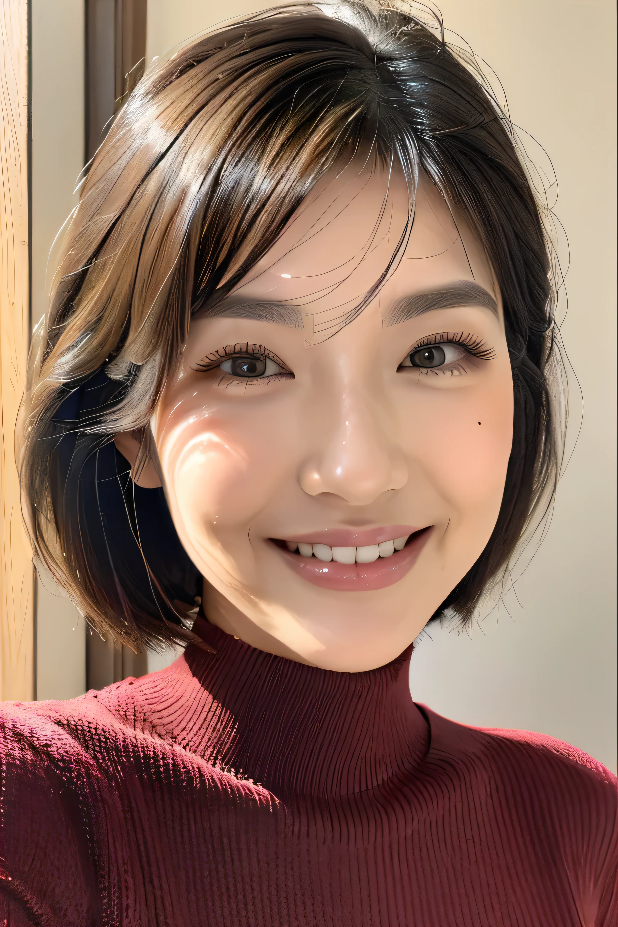 hostess's face、turtleneck wool sweater、high quality、surreal、healthy、smiling face、Slender perfect figure、japan beauty、 perfect eyes、beautiful skin、long eyelashes、false eyelashes、Upper body、city、Super high quality、8K、realistic skin texture、pores、glossy hair quality、maroon、anatomically correct、Eyelashes are realistic、