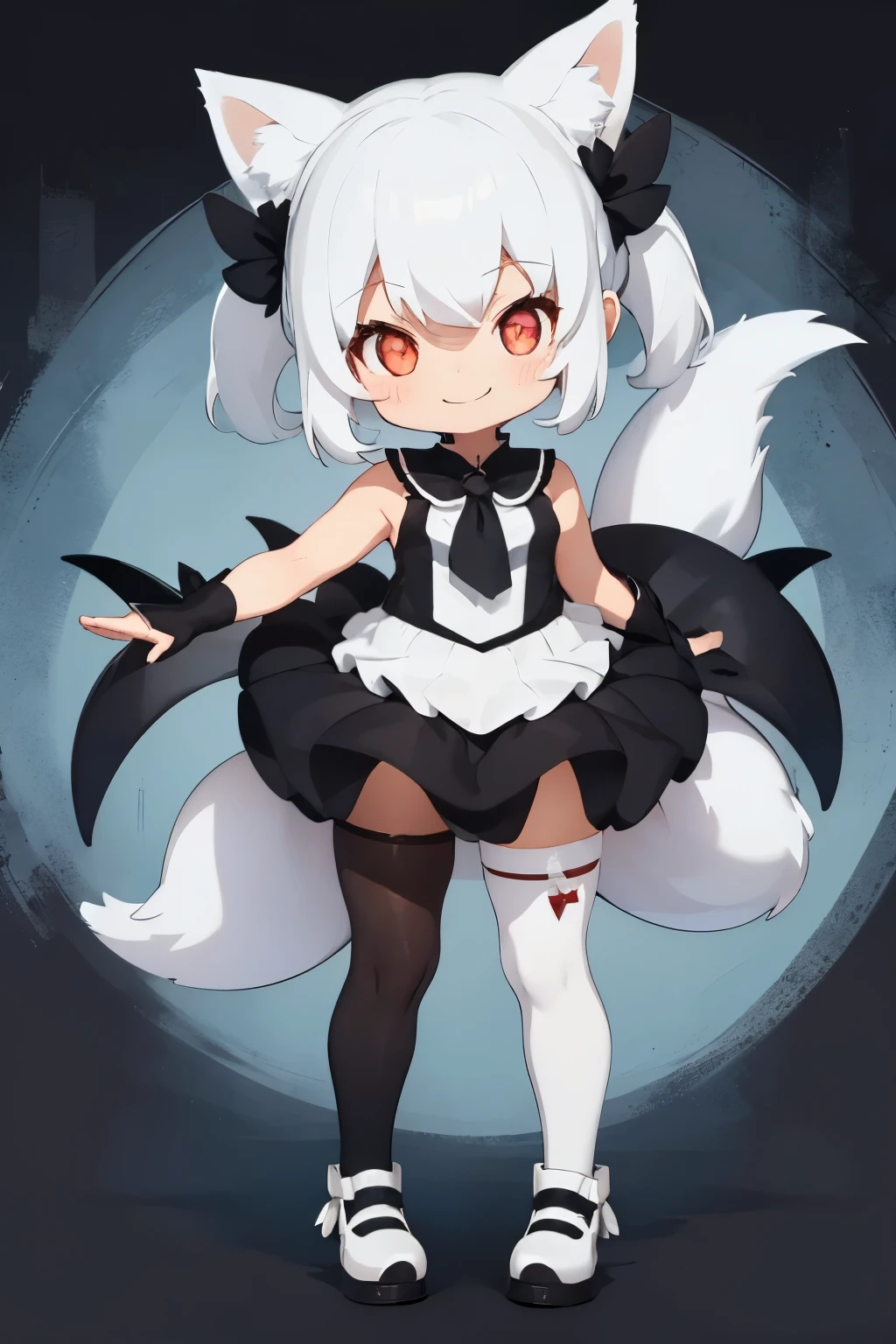 A girl with striking white hair、Fox ears and tail、hair ornaments、black pantyhose、sleeveless、smile、Cute shoes with accessories、hold one's knees