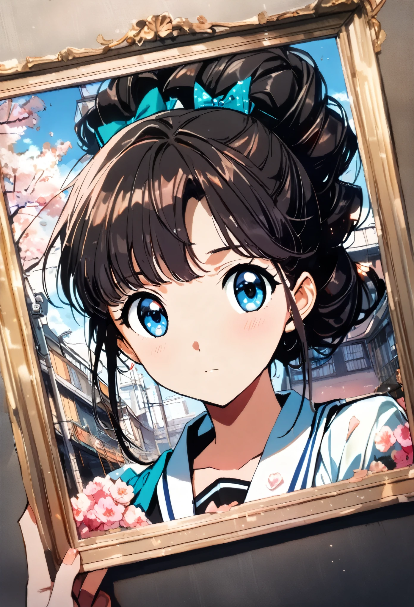 highres, extremely details, dramatic brightness, best quality art, 32k, 8K wallpaper, 4K digital animation, (1980s Japanese anime art:1.5). 1girl, she sad and remember a boy friend, he moved from school. (Her hair color is black:1.3),((a photo of girl, 1980s Japanese idol hairstyle:1.7)),(blue eyes :1.3),(detailed eyes and tears:1.3),close up upper body, (she wearing a sailor suit uniform in the room:1.5),(She holding a crumpled old paper in hand:1.5), (She looking memo on this crumpled paper:1.3), (The cherry blossom trees shine beyond the window:1.3)