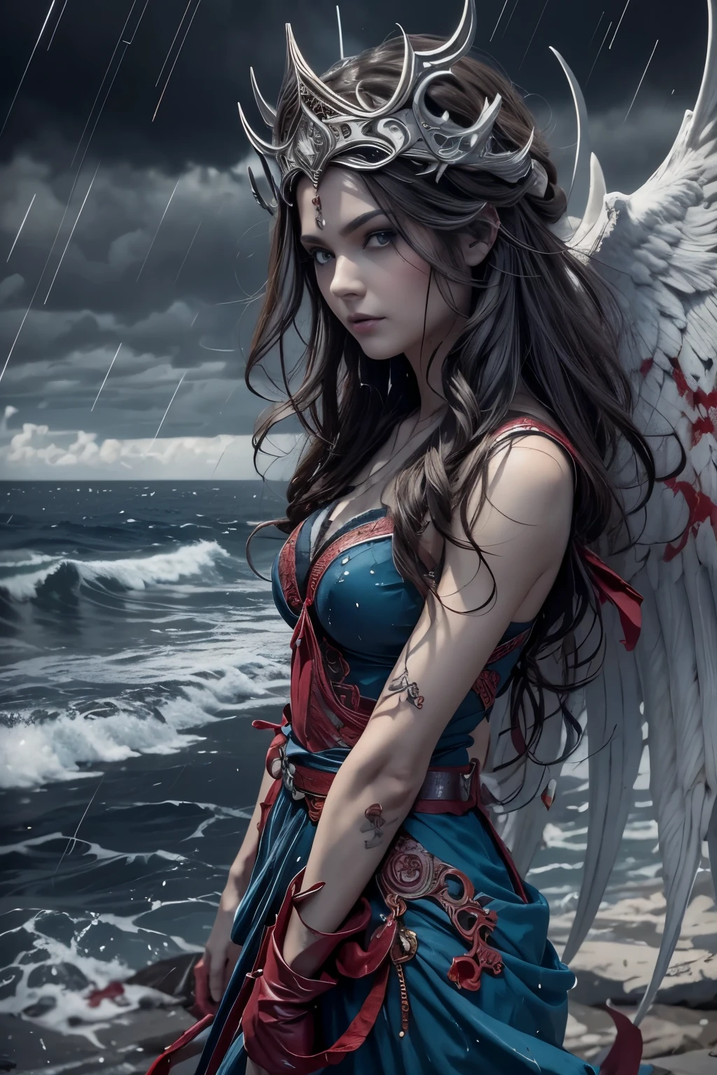 black and white and blue and red,(best quality, ultra-detailed, high resolution, extremely detailed cg),wide shot,dead angels stand on cliff edge,she is very beautiful,she like blood and sea,bloody rain, mystical,fanatic, intricate, surreal,delicate