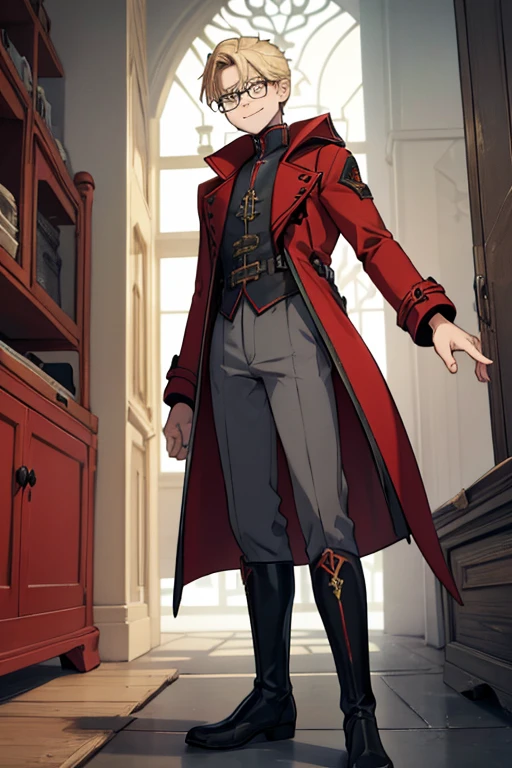 male, blonde short hair, blue eyes, (((1boy))), (((red gothic coat with yellow trim))), (black shirt), (grey pants), (black knee high boots), (glasses), long legs, smiling