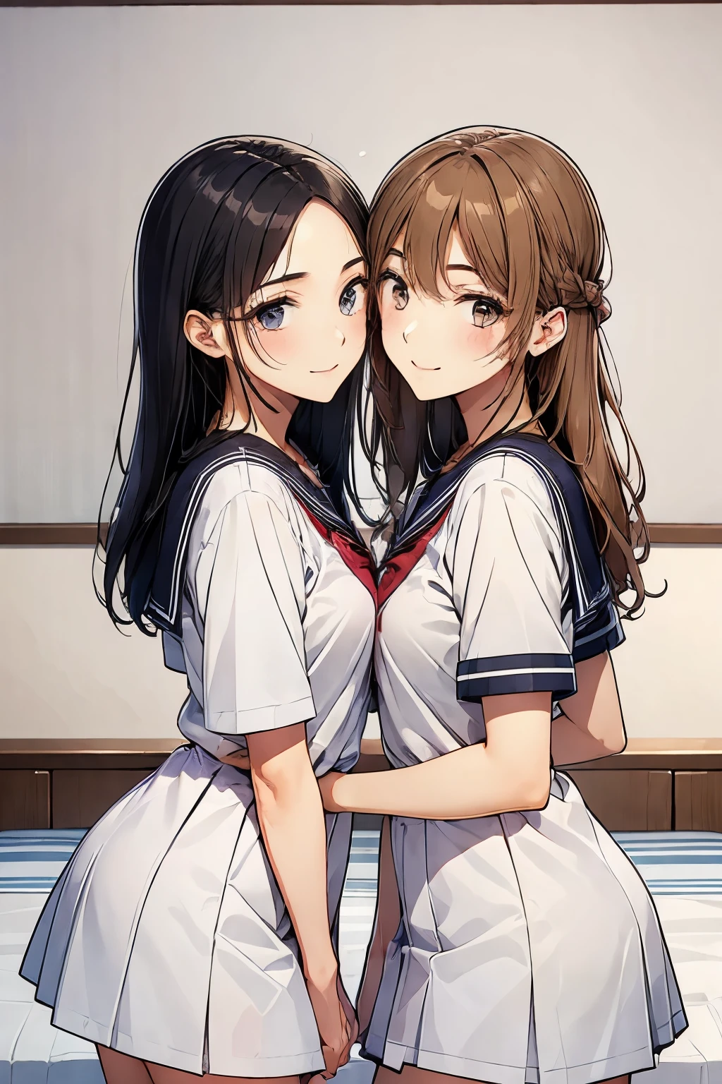 Two high school girls kissing、seductive smile、Bed in the school nurse&#39;s room