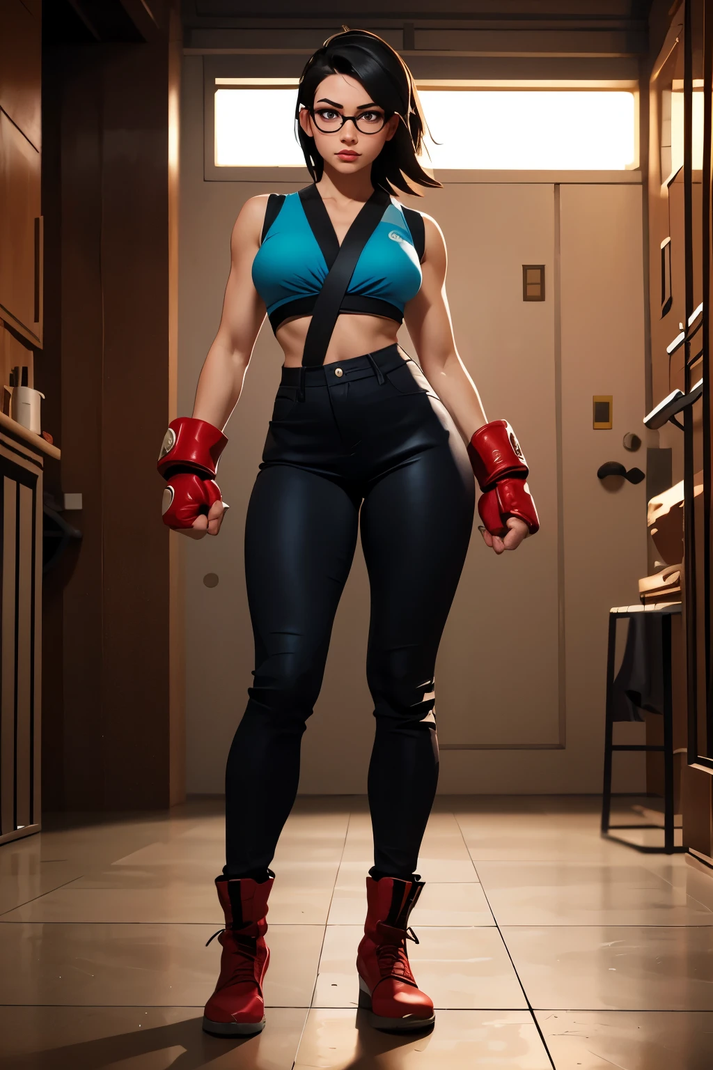 Wide angle shot, full body image, beautiful female street fighter, wearing large glasses, black undercut hair, wearing large steel knuckles