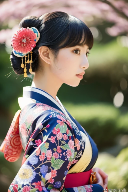 (8k, RAW photo, best quality, perfect anatomy, masterpiece:1.2), (realistic, photo-realistic:1.4), (extremely detailed 8k wallpaper), sharp focus, professional lighting, depth of field, cinematic lighting, break, (Please generate an image of a beautiful woman wearing a traditional Japanese kimono, known as 'furisode,' in a graceful and elegant pose. The furisode should be adorned with intricate patterns and vibrant colors, reflecting the beauty of Japanese textile artistry. The woman's hair should be styled in a traditional Japanese fashion, with ornate hair accessories such as kanzashi. The background should evoke a serene and traditional Japanese setting, such as a tatami room or a Japanese garden, to complement the elegance of the kimono. The overall atmosphere of the image should exude sophistication and timeless beauty.)
