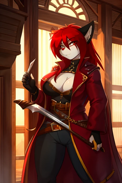 dевушка-охотница с винтовкой в позе снежного боя,Oriental,Sword and soul,InkStyle,Long red hair,Leather and fur coat,cold,piece of art,２d,4K,detailed,fantasy