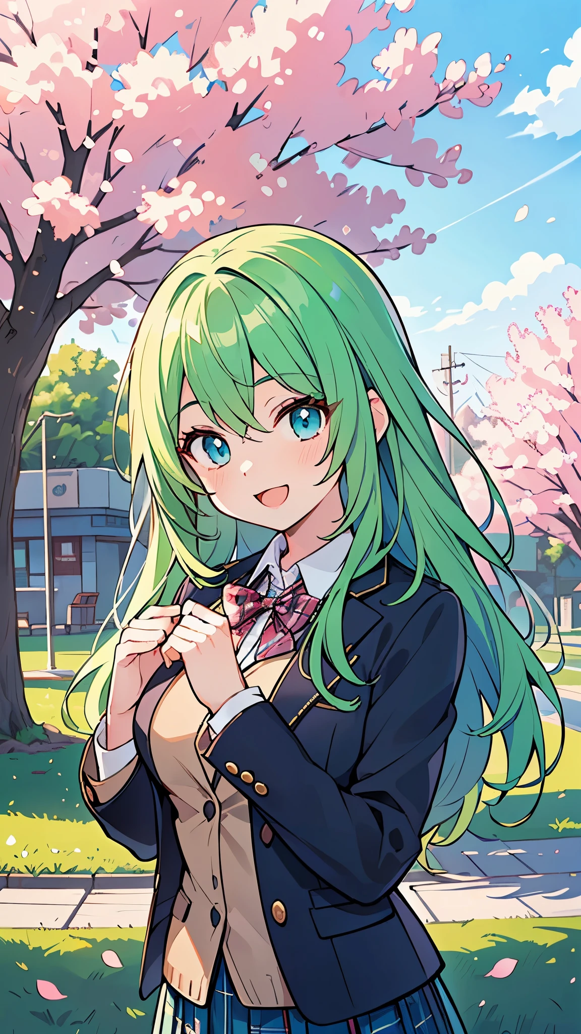((A Pretty High School girl with green hair and blue eyes)), ((wearing blazer uniform and plaid skirt)), Baby face, ((master piece, top-quality, ultra-definition, high resolution)), anime girl, ((ultra-detailed illust:1.2)), only one person, bangs, hair between eye, beautiful hair, Shiny eyes, Medium breasts, Big smile, opened mouth, cherry trees, schoolyard