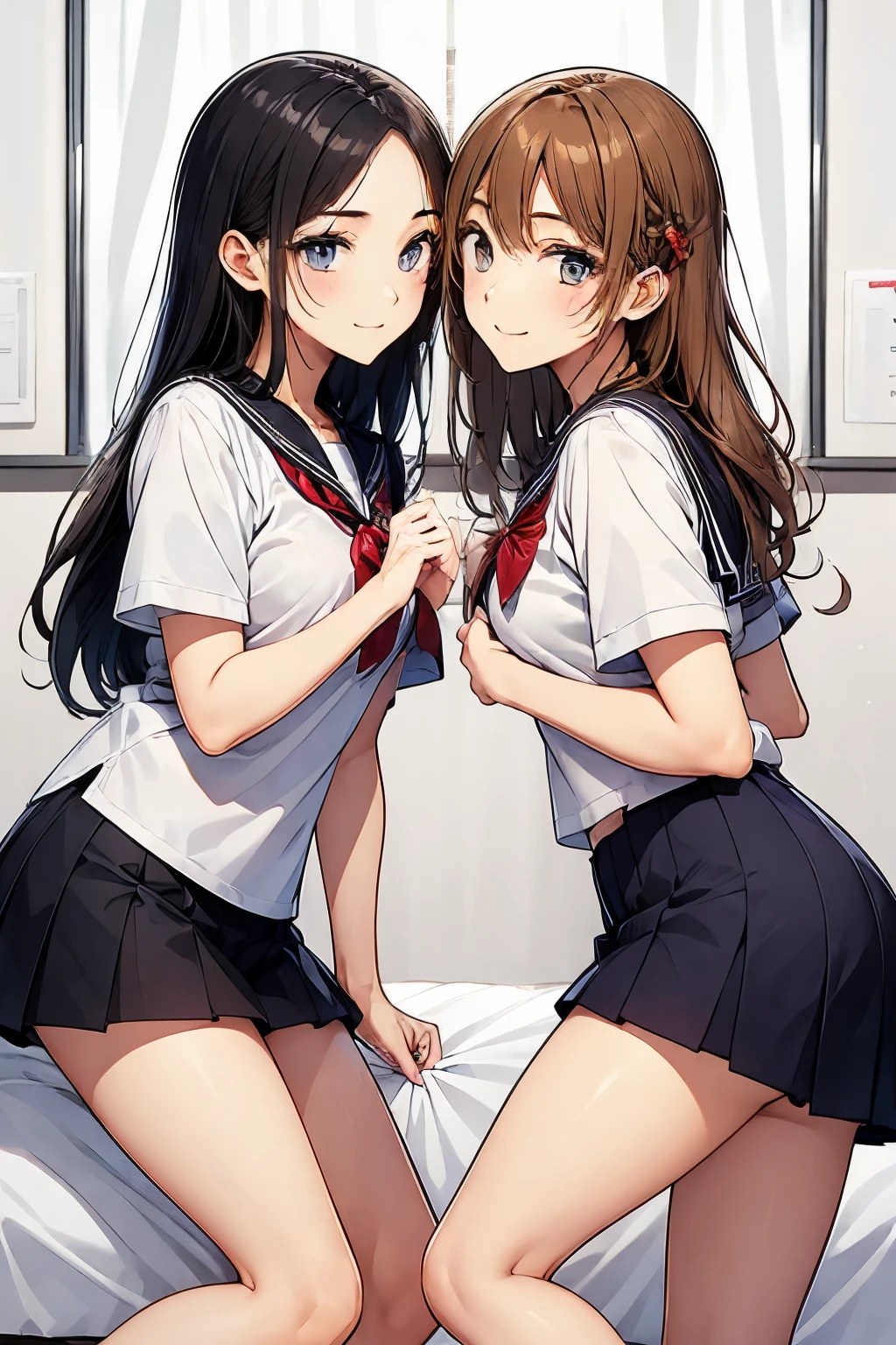 Two high school girls kissing、seductive smile、Bed in the school nurse's room