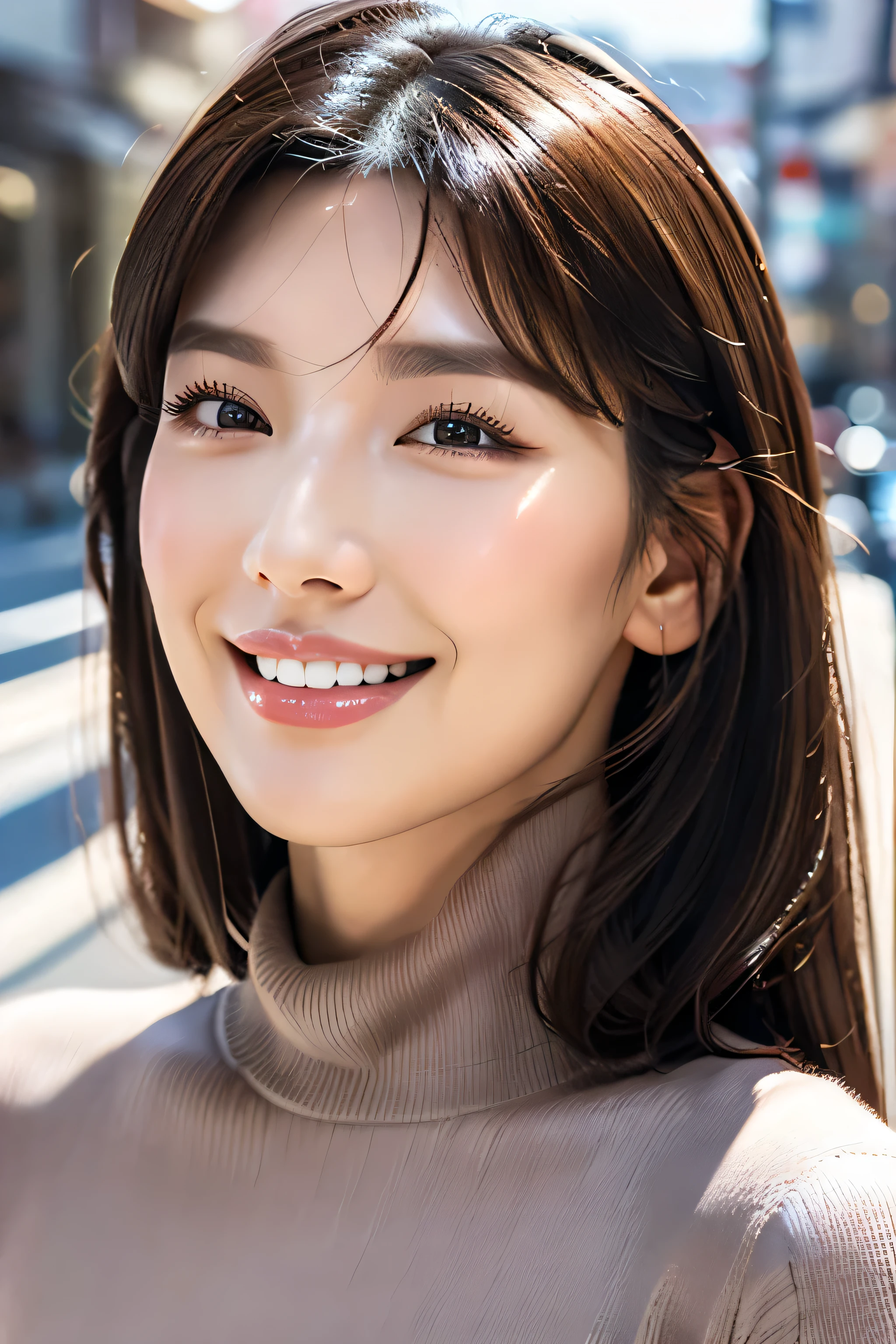 hostess&#39;s face、turtleneck wool sweater、high quality、surreal、healthy、smiling face、Slender perfect figure、japan beauty、 perfect eyes、beautiful skin、long eyelashes、false eyelashes、cowboy shot、city street、Super high quality、8K、realistic skin texture、pores、glossy hair quality、maroon、anatomically correct、Eyelashes are realistic、