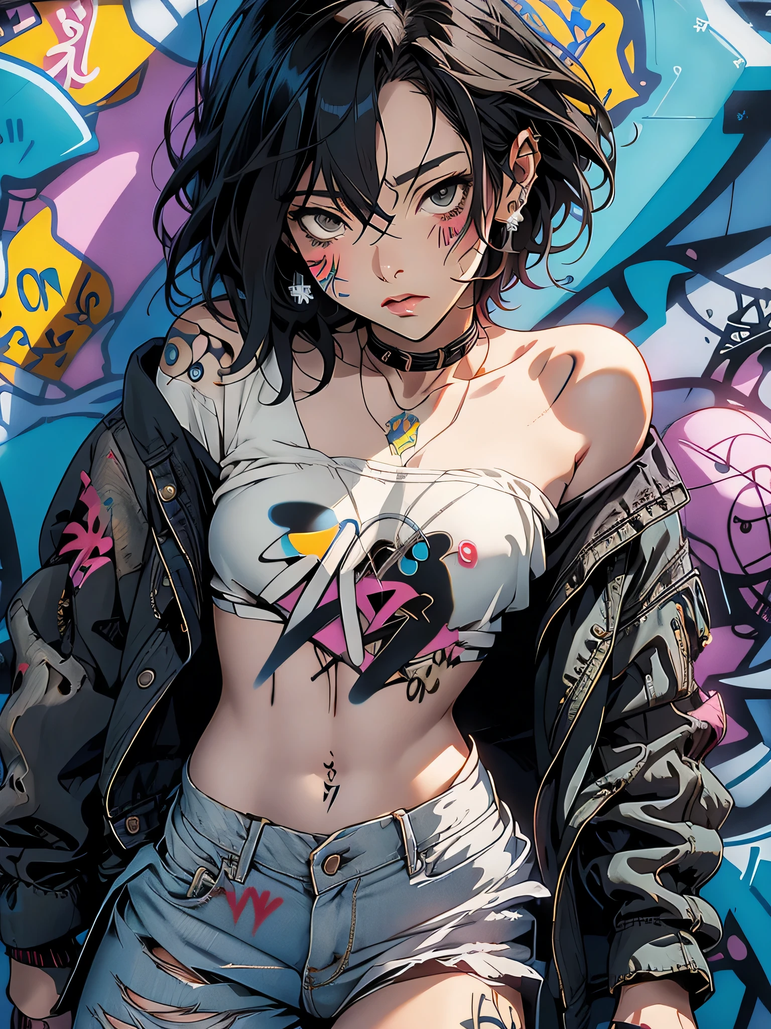 Makoto Shinkai style、masterpiece, highest quality, pixiv, one cool girl, The Strongest Pirate Girl, small breasts、Completely naked、Lips in Love, dark brown hair, bob hair, gray eyes, white skin, gal, provocative、(((graffiti art))),　Improve