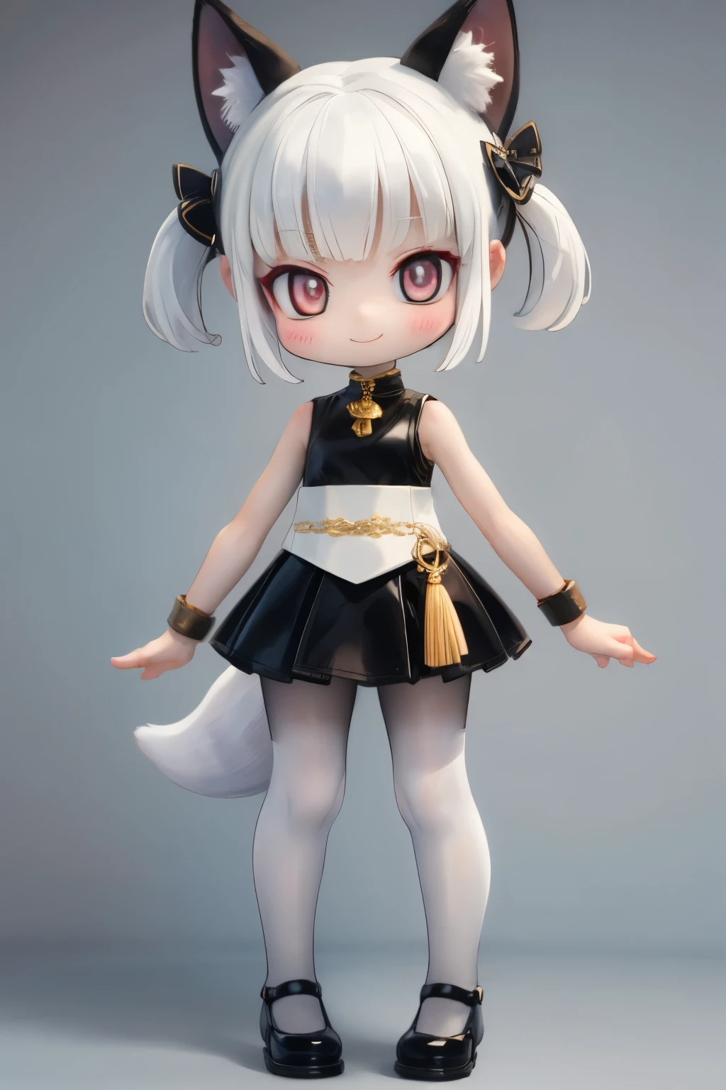 A girl with striking white hair、Fox ears and tail、hair ornaments、black pantyhose、sleeveless、smile、Cute shoes with accessories、hold one&#39;s knees