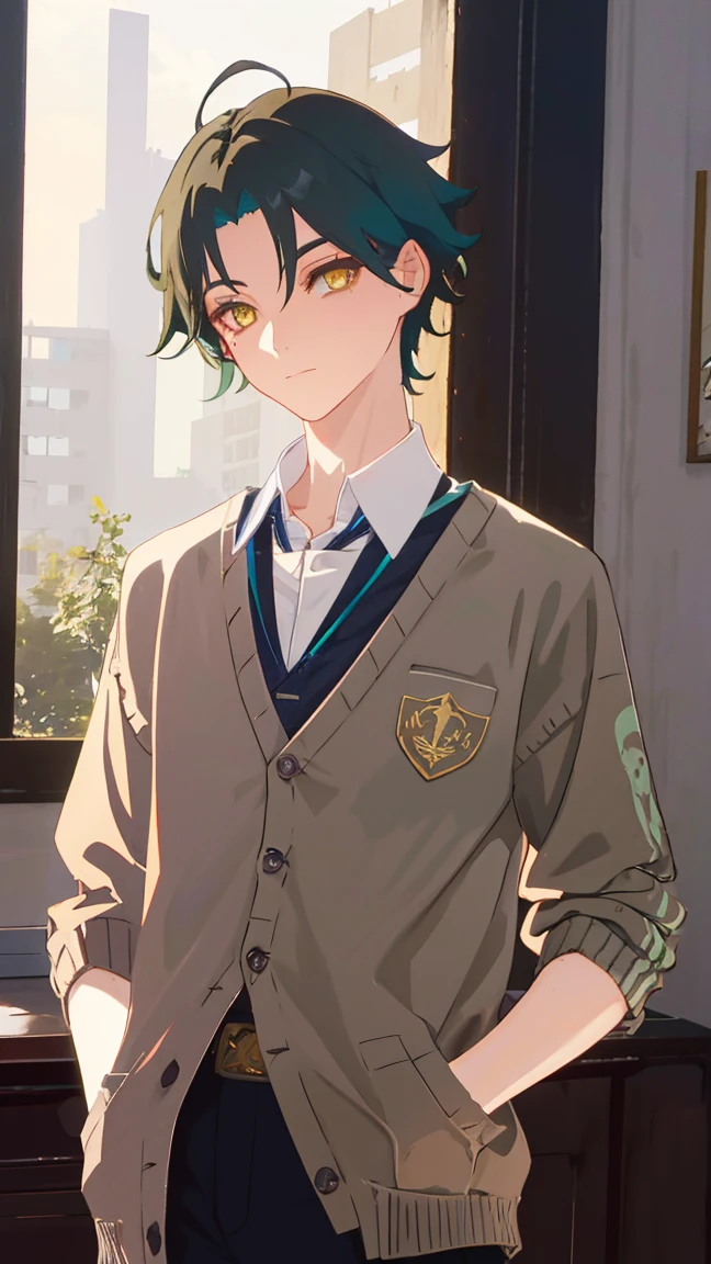 1 boy,dark green hair,highest quality,masterpiece,excessive,male focus,yellow eyes,beautiful eyes,beautiful boy,student,cutter shirt,cardigan,