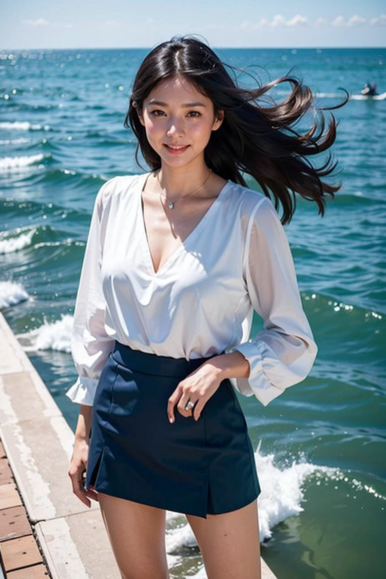 (8ＫLive shooting、highest quality、masterpiece:1.2)、Super detailed、super resolution、High-definition RAW color photo、professional photography、8Ｋimage wallpaper、perfect anatomy、28 years old、look at the camera、smile、medium long hair、positive、((Standing on the sea、The wind is blowing:1.3))、(high heels)、(blouse、skirt)