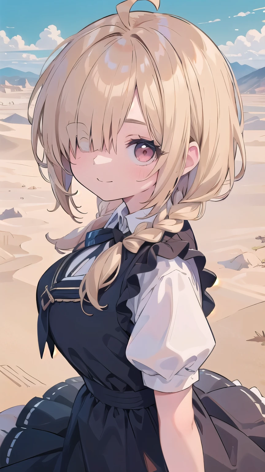 (masterpiece:1.2), (highest quality:1.2), perfect eyes, perfect face, perfect lighting, sunlight, outdoor, desert, 1 boy,blonde　red eye, ((((((hair over one eye)))))), Braid Styles, spiked hair, blunt bangs, bob hair, single braid, a braid, Ahoge, cute eyes, ruffle dress,  cute eyes, closed mouth, (From above), From the side, ((smile)), spoken heart, big breasts, wariza 