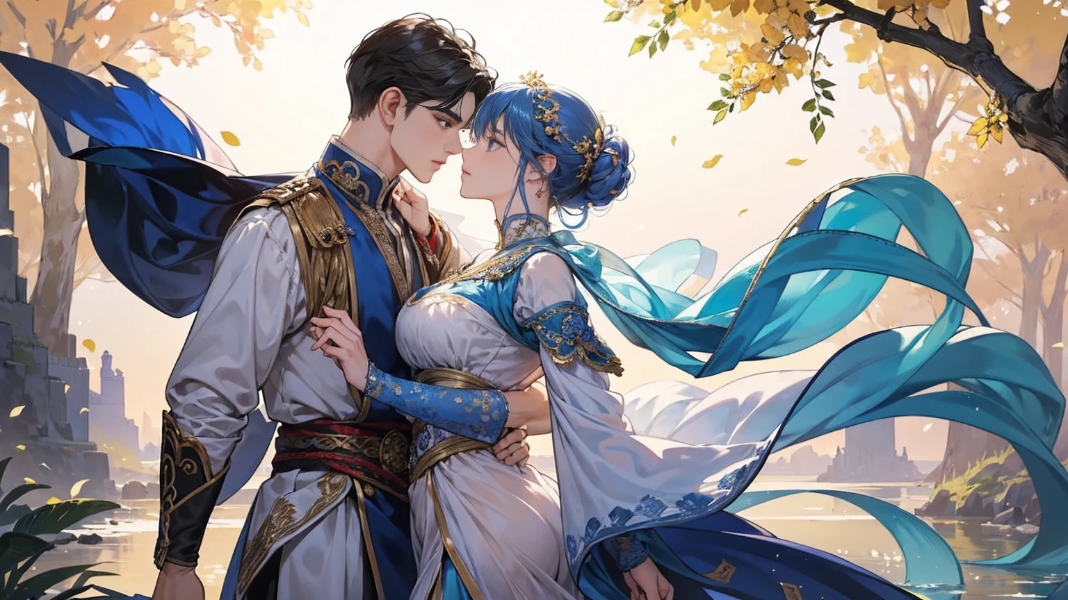 An intimate encounter between a man and a woman unfolds in a heartwarming and enchanting scene.。The stage is、steppe of central asia。The banks of the great river sparkling in the sunlight。Fantastic and majestic continental scenery。Creates a romantic atmosphere。 They stand facing each other,。their heights are different from each other。 emphasizes their unique physical characteristics。 That man is his height,Has dark hair that frames his striking face。The man is the crown prince of a steppe nomadic empire.。The man was wearing an ultramarine costume.、It is decorated with intricate golden embroidery.。A woman is a civilian in the oasis and is wearing Uyghur national costume.。The woman is delicate and .。Show off your radiant beauty with flowing, brightly colored hair. Their lips meet in a passionate kiss。 their pure love、Emphasis is placed on transcending class and culture.。 This magical moment captures the essence of their love,。evokes a feeling of sweetness and enchantment。symbolism、Impressionism、romantic、Persian miniature、Reminiscent of the style of Alma Tadema and Gustave Moreau、delicate、beautiful、It has an exotic, luxurious and profound charm.。