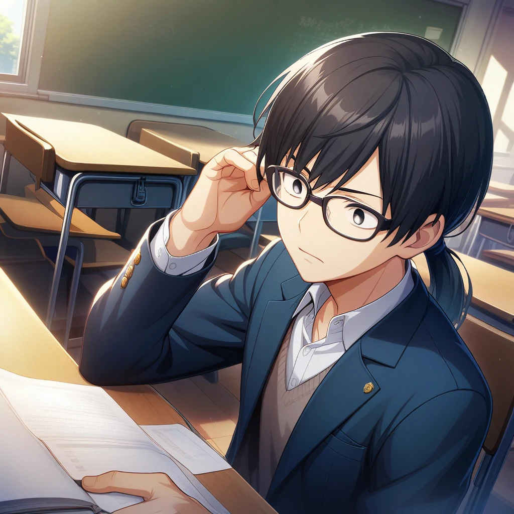 black hair, black eye, Glasses, ponytail, blazer, uniform, 1 boy, classroom, male focus, game CG