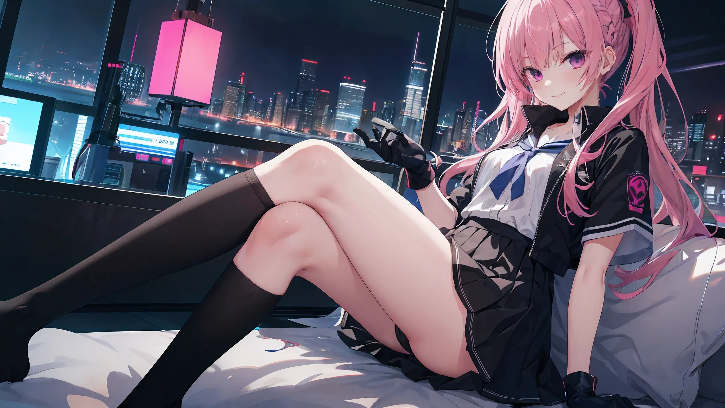 a girl,solo,Long pink hair,gentle,Smile,medium long hair,Distribute,White short sleeves,White short sleeves game clothes,black skirt,black underwear,black gloves,cyberpunk characters,night, night city background,digital punk, anime style 4k, Sitting on the sofa,indoors,in the bedroom,((black high-socks)),mitsukasa ayase、character-centered