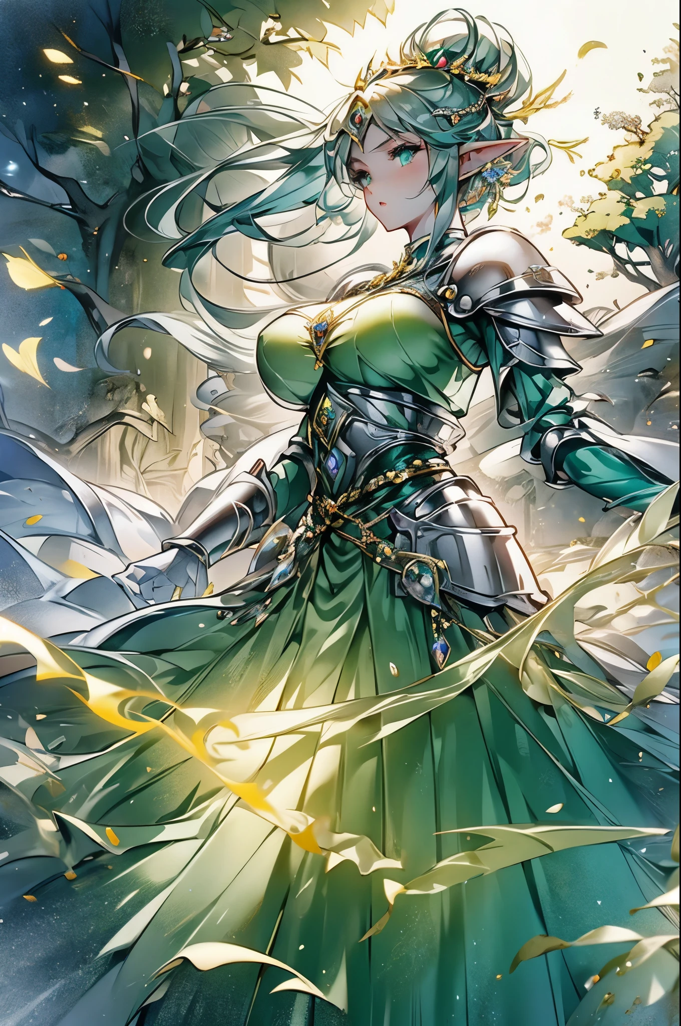 female elf royal paladin, fairy crest, golden and silver color armor with fairy icon and steel battle armor skirt, short design hand silver glove, golden color cape, golden belt, huge magic circle behind, pauldron in fairy style, silver color bracelet, multicolor golden and green color hair, empress aura, glowing green color pupil, masterpieces, solo, extreme pupil detail, fantasy mythic art, movie lighting, original character, holy glowing and windy effect, figure body shape, church background