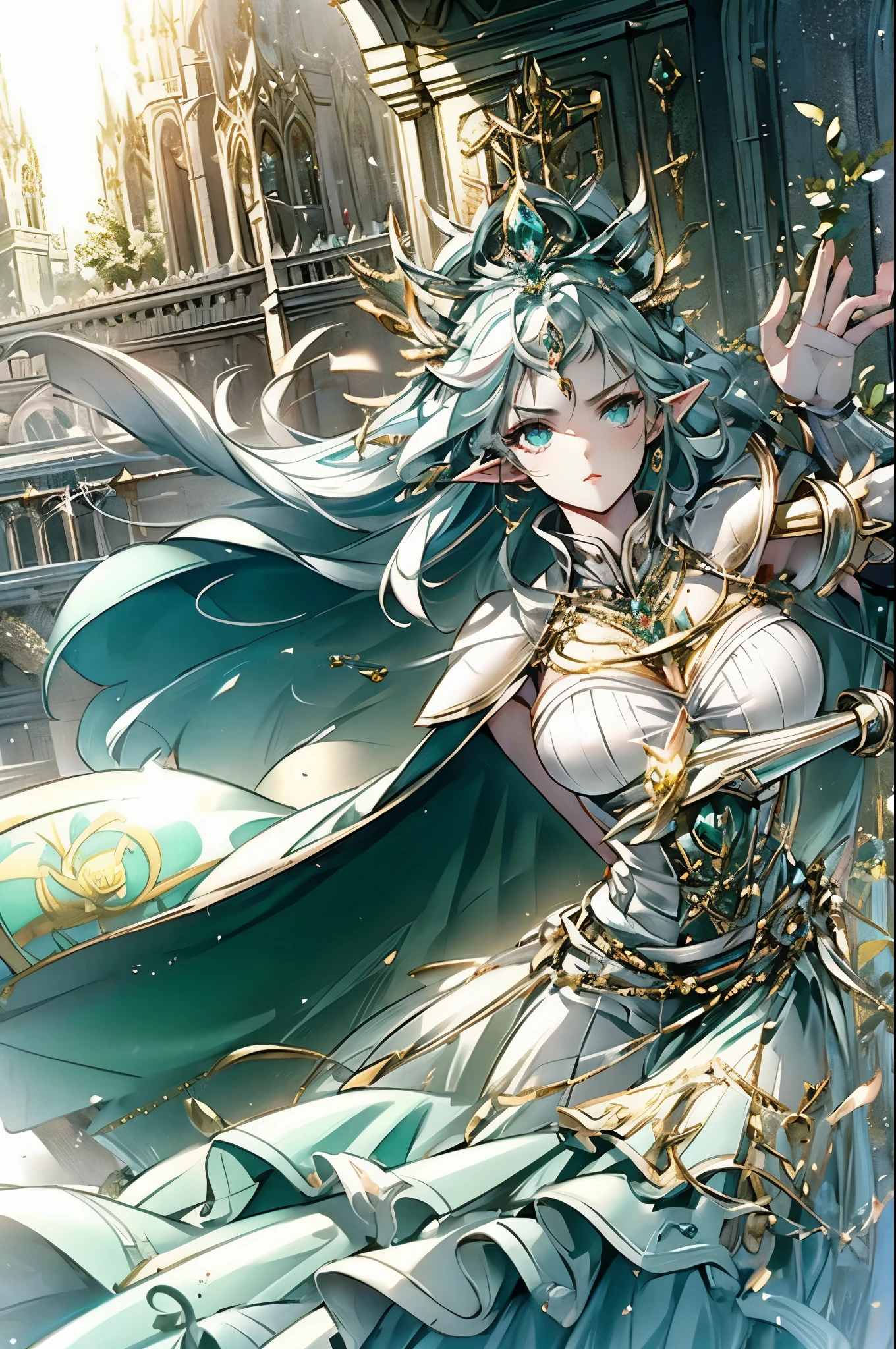 female elf royal paladin, fairy crest, golden and silver color armor with fairy icon and steel battle armor skirt, short design hand silver glove, golden color cape, golden belt, huge magic circle behind, pauldron in fairy style, silver color bracelet, multicolor golden and green color hair, empress aura, glowing green color pupil, masterpieces, solo, extreme pupil detail, fantasy mythic art, movie lighting, original character, holy glowing and windy effect, figure body shape, church background