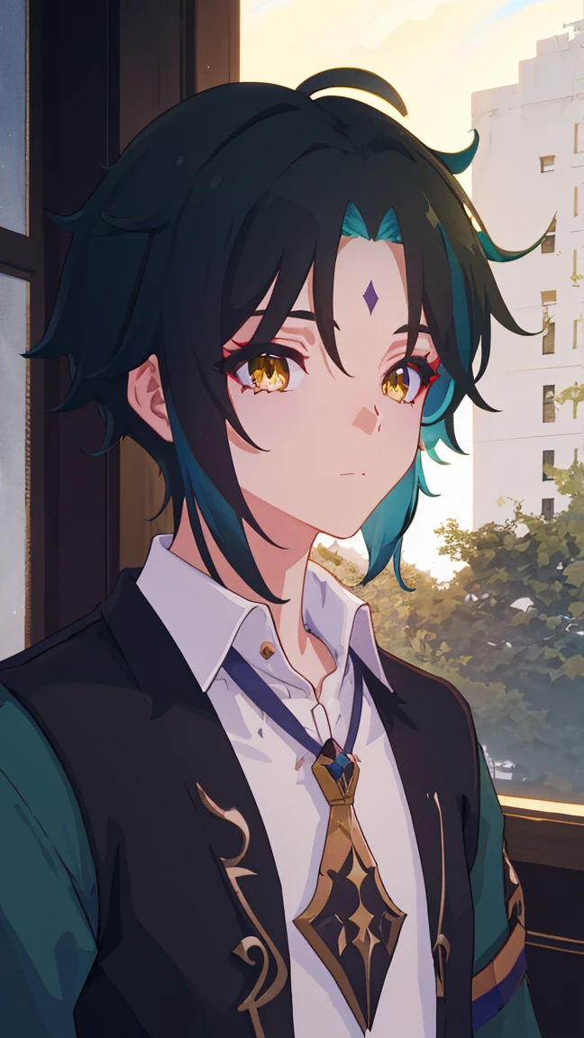 1 boy,dark green hair,highest quality,masterpiece,excessive,male focus,yellow eyes,beautiful eyes,beautiful boy,student,cutter shirt,cardigan,